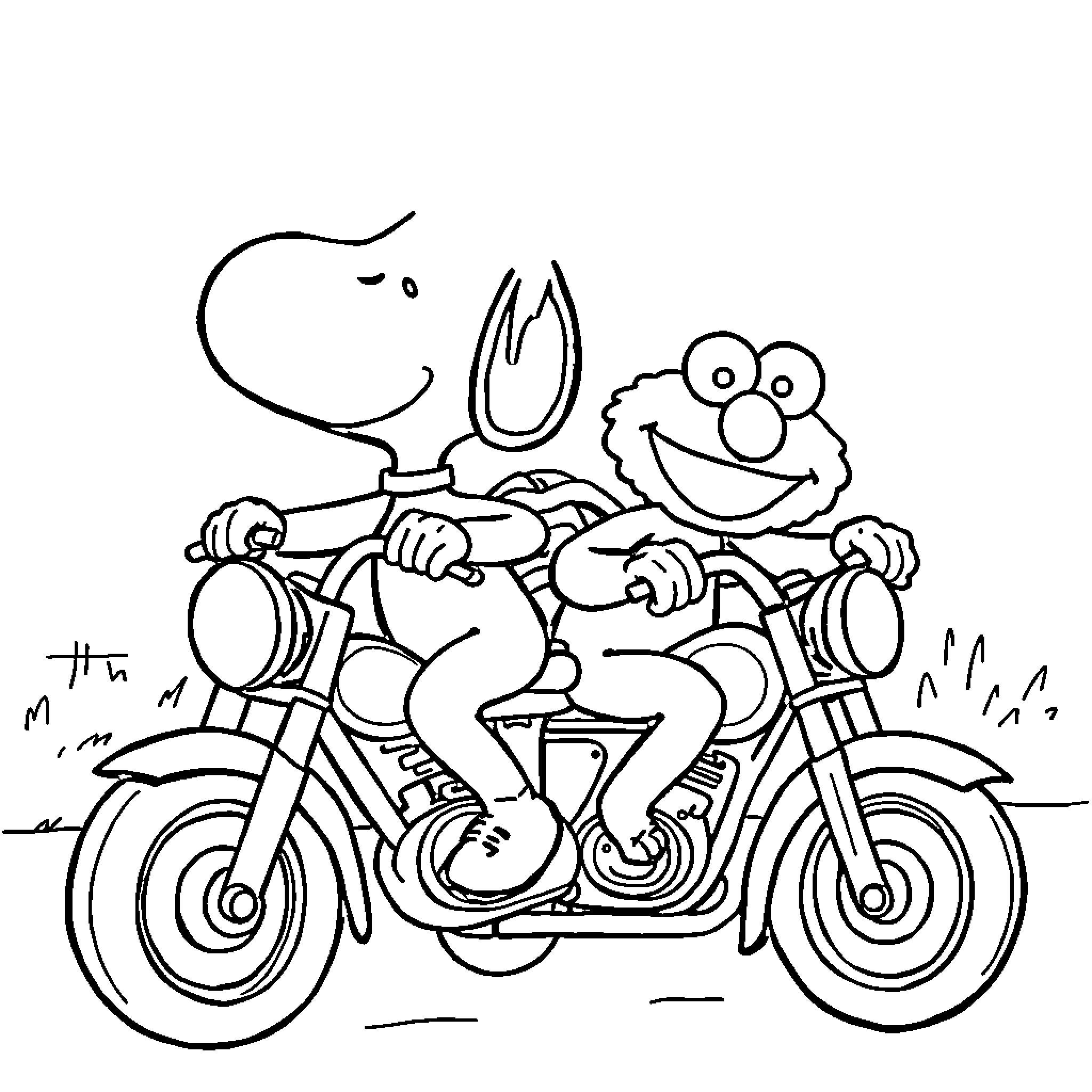 Snoopy and Elmo riding motorcycles together Coloring Page (free black-and-white line drawing printable PDF for all, from beginners to advanced learners, including children, teens, adults, and seniors)