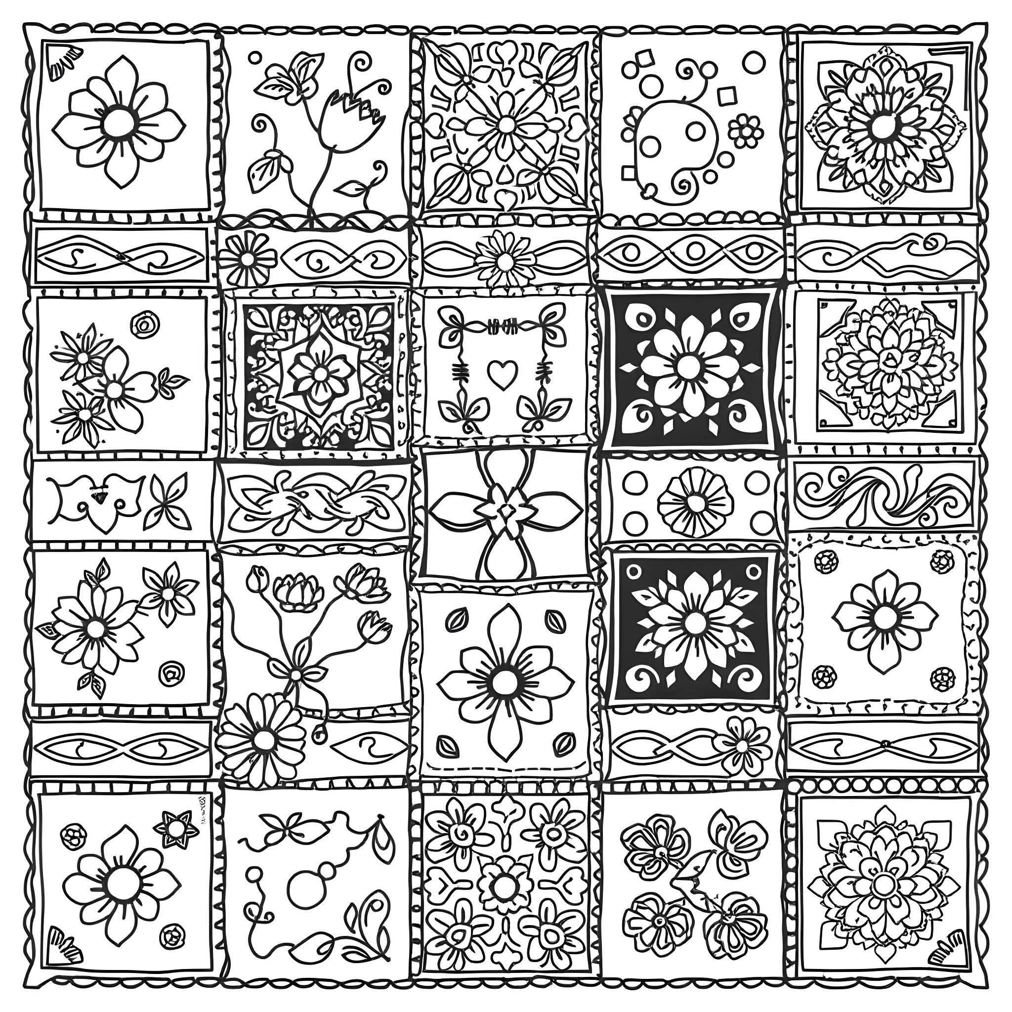 Patchwork of Floral Designs Coloring Page (free black-and-white line drawing printable PDF for all, from beginners to advanced learners, including children, teens, adults, and seniors)