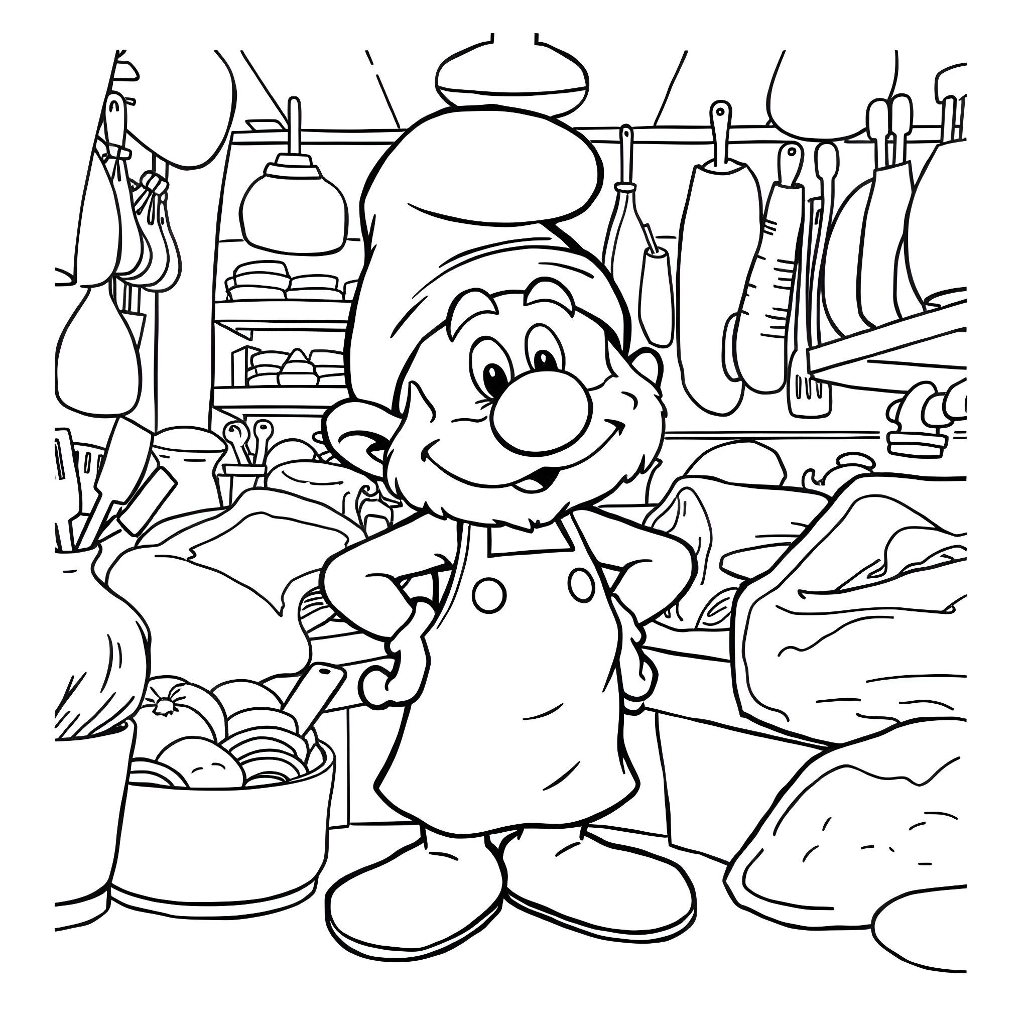 Papa Smurf in his messy workshop Coloring Page (free black-and-white line drawing printable PDF for all, from beginners to advanced learners, including children, teens, adults, and seniors)
