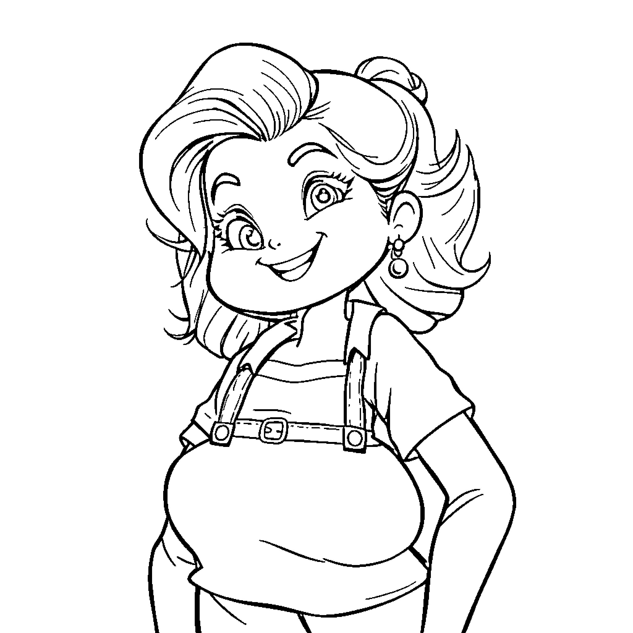 Girl with cheerful expression and stylized hair Coloring Page (free black-and-white line drawing printable PDF for all, from beginners to advanced learners, including children, teens, adults, and seniors)