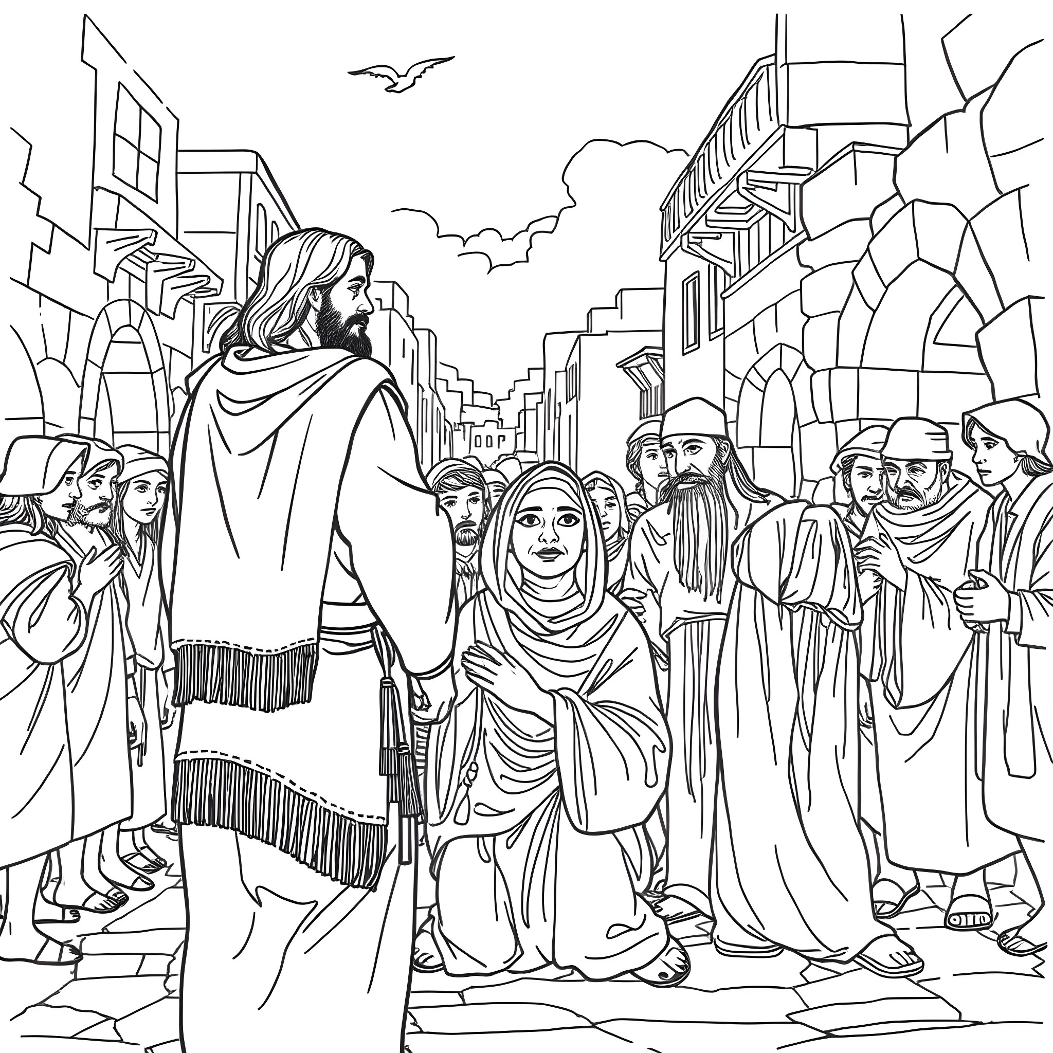 Jesus preaching and teaching the people in the city Coloring Page (free black-and-white line drawing printable PDF for all, from beginners to advanced learners, including children, teens, adults, and seniors)
