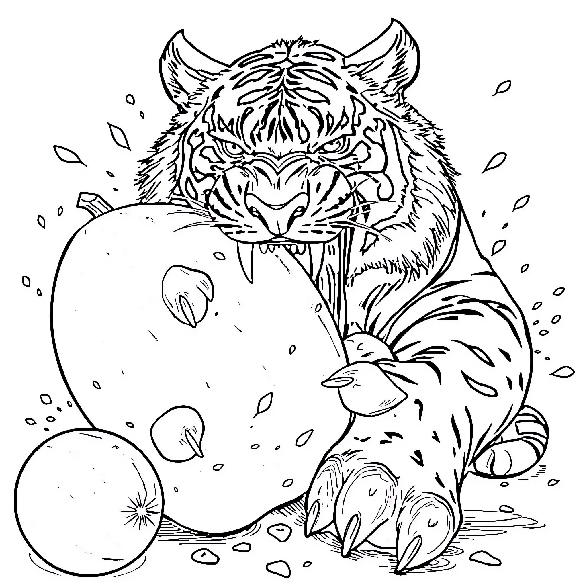 Tiger fiercely guarding its prey Coloring Page (free black-and-white line drawing printable PDF for all, from beginners to advanced learners, including children, teens, adults, and seniors)