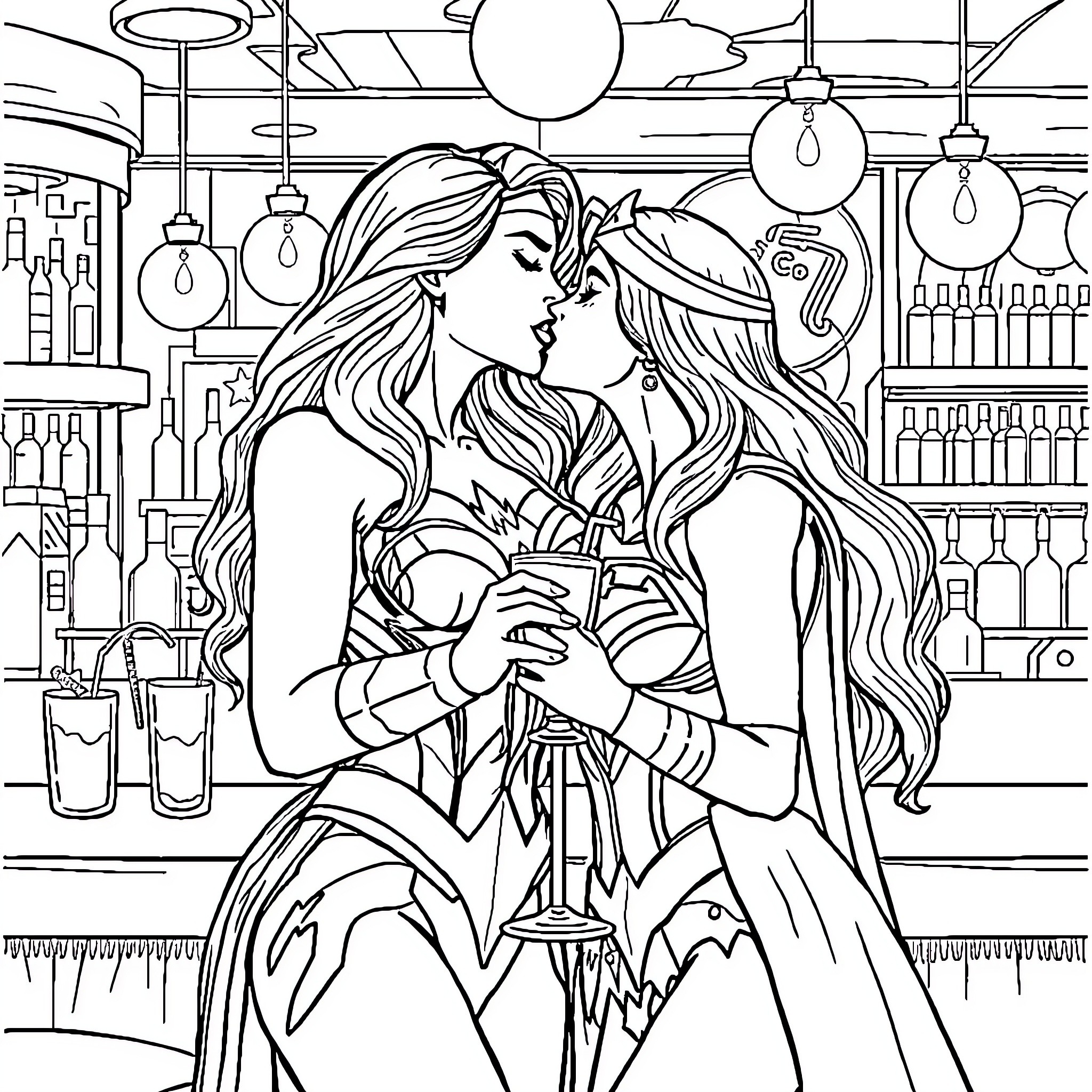 Wonder Woman characters in romantic embrace Coloring Page (free black-and-white line drawing printable PDF for all, from beginners to advanced learners, including children, teens, adults, and seniors)