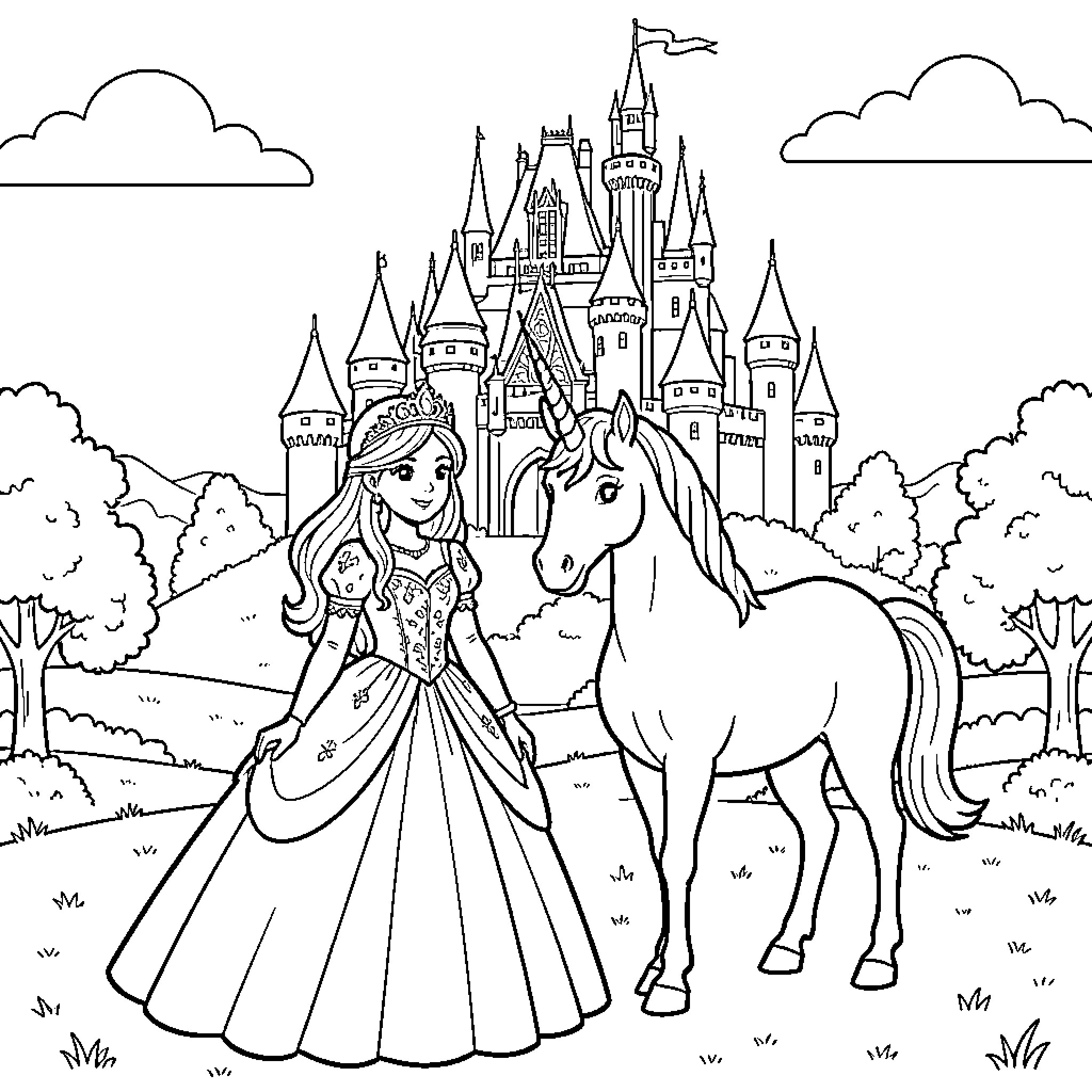 Princess standing gracefully beside a unicorn near her castle Coloring Page (free black-and-white line drawing printable PDF for all, from beginners to advanced learners, including children, teens, adults, and seniors)