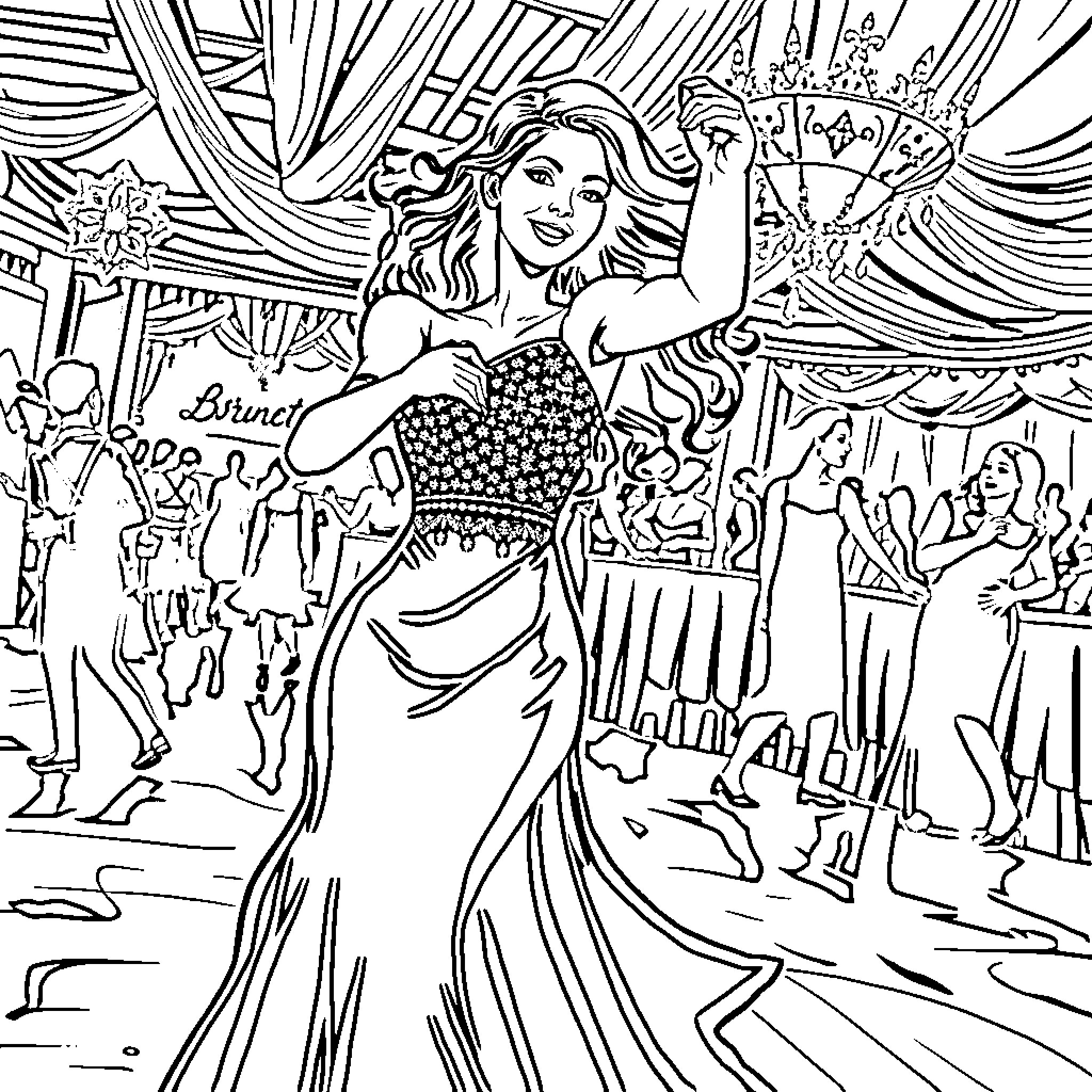 Girl dancing elegantly at a carnival festival Coloring Page (free black-and-white line drawing printable PDF for all, from beginners to advanced learners, including children, teens, adults, and seniors)