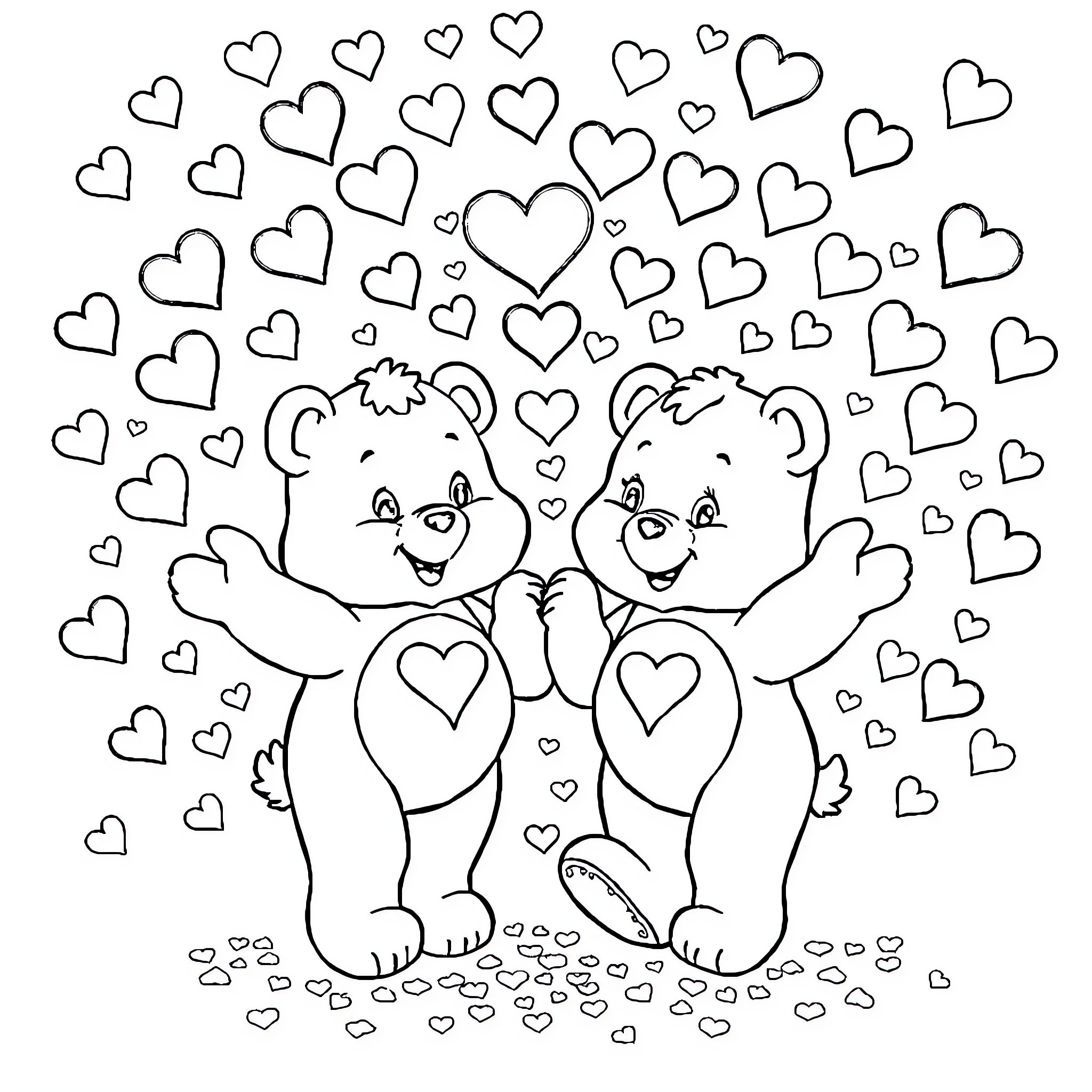 Carebear friends sharing hearts and love Coloring Page (free black-and-white line drawing printable PDF for all, from beginners to advanced learners, including children, teens, adults, and seniors)