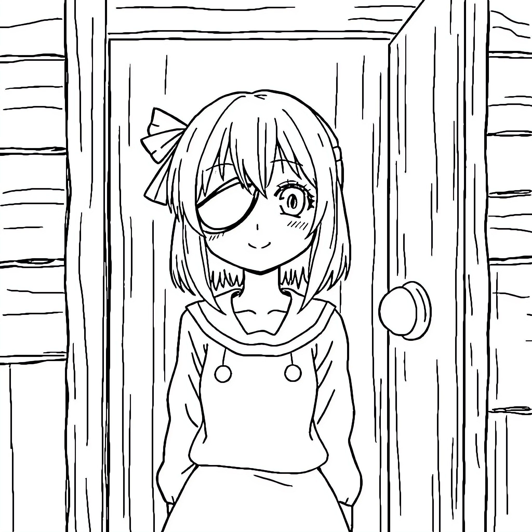 Anime Girl in a Doorway Coloring Page (free black-and-white line drawing printable PDF for all, from beginners to advanced learners, including children, teens, adults, and seniors)
