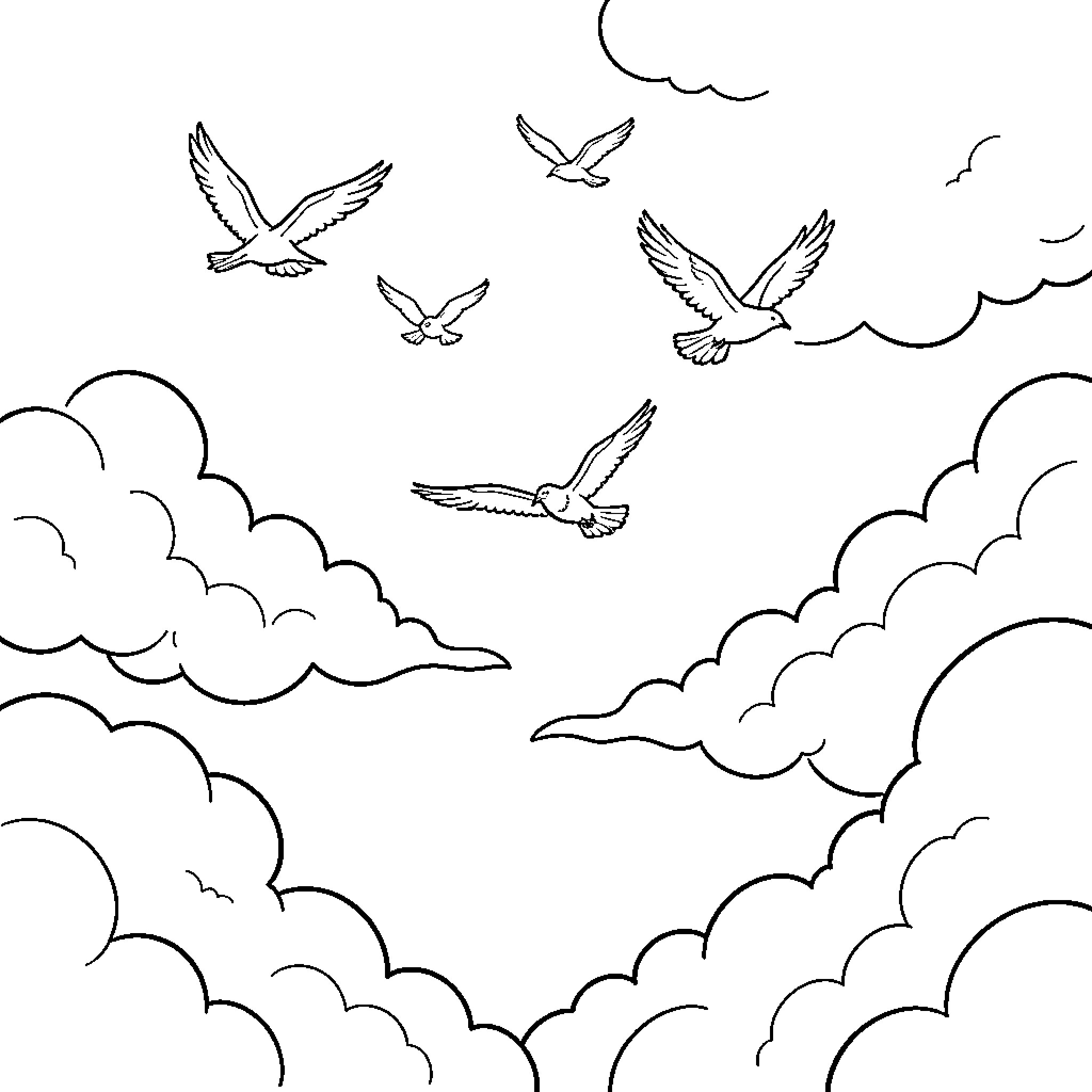 Cloud Seagulls soaring through the sky Coloring Page (free black-and-white line drawing printable PDF for all, from beginners to advanced learners, including children, teens, adults, and seniors)
