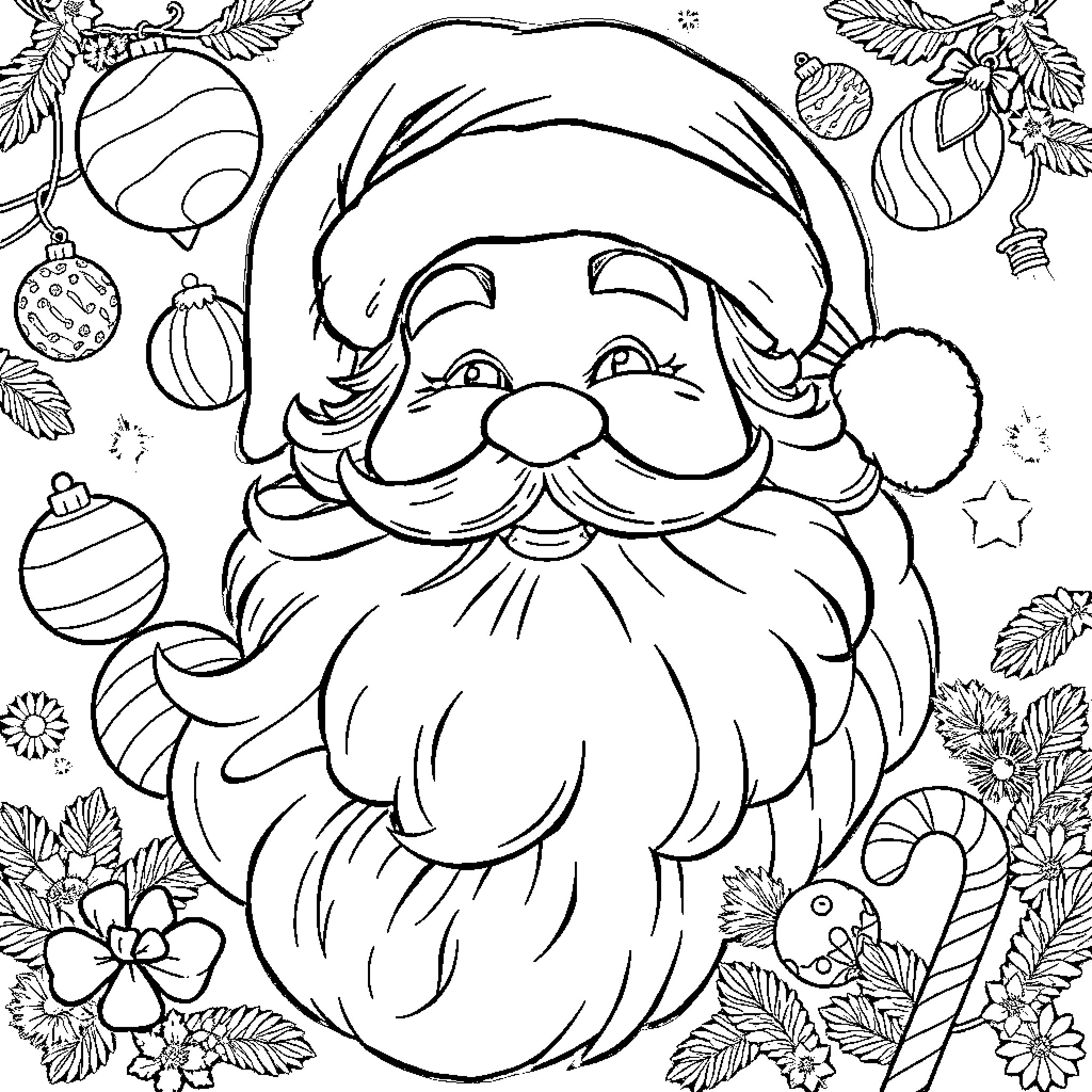 Santa's Joyful Face in the Festive Surroundings Coloring Page (free black-and-white line drawing printable PDF for all, from beginners to advanced learners, including children, teens, adults, and seniors)