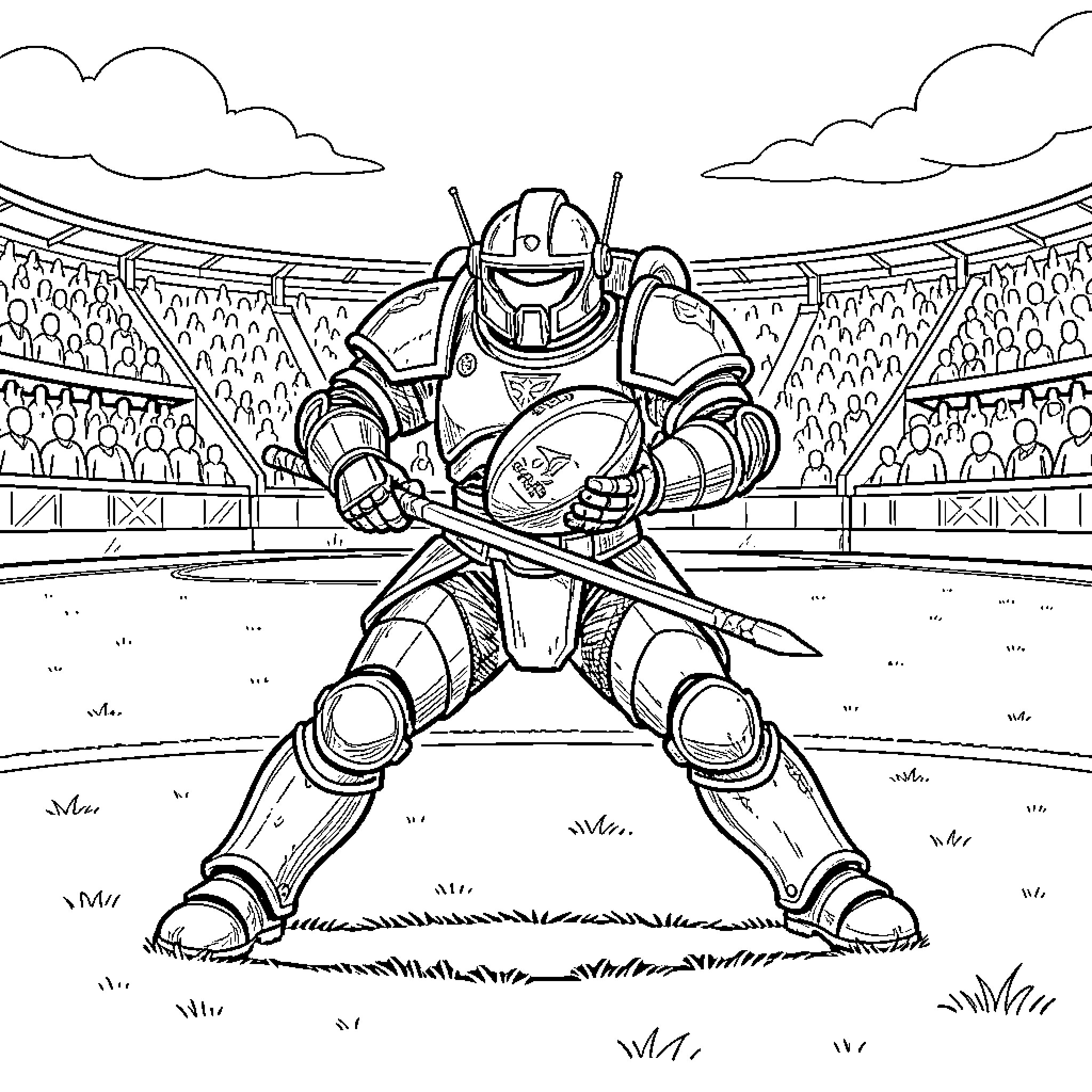 Space Marine holding a ball in an arena Coloring Page (free black-and-white line drawing printable PDF for all, from beginners to advanced learners, including children, teens, adults, and seniors)