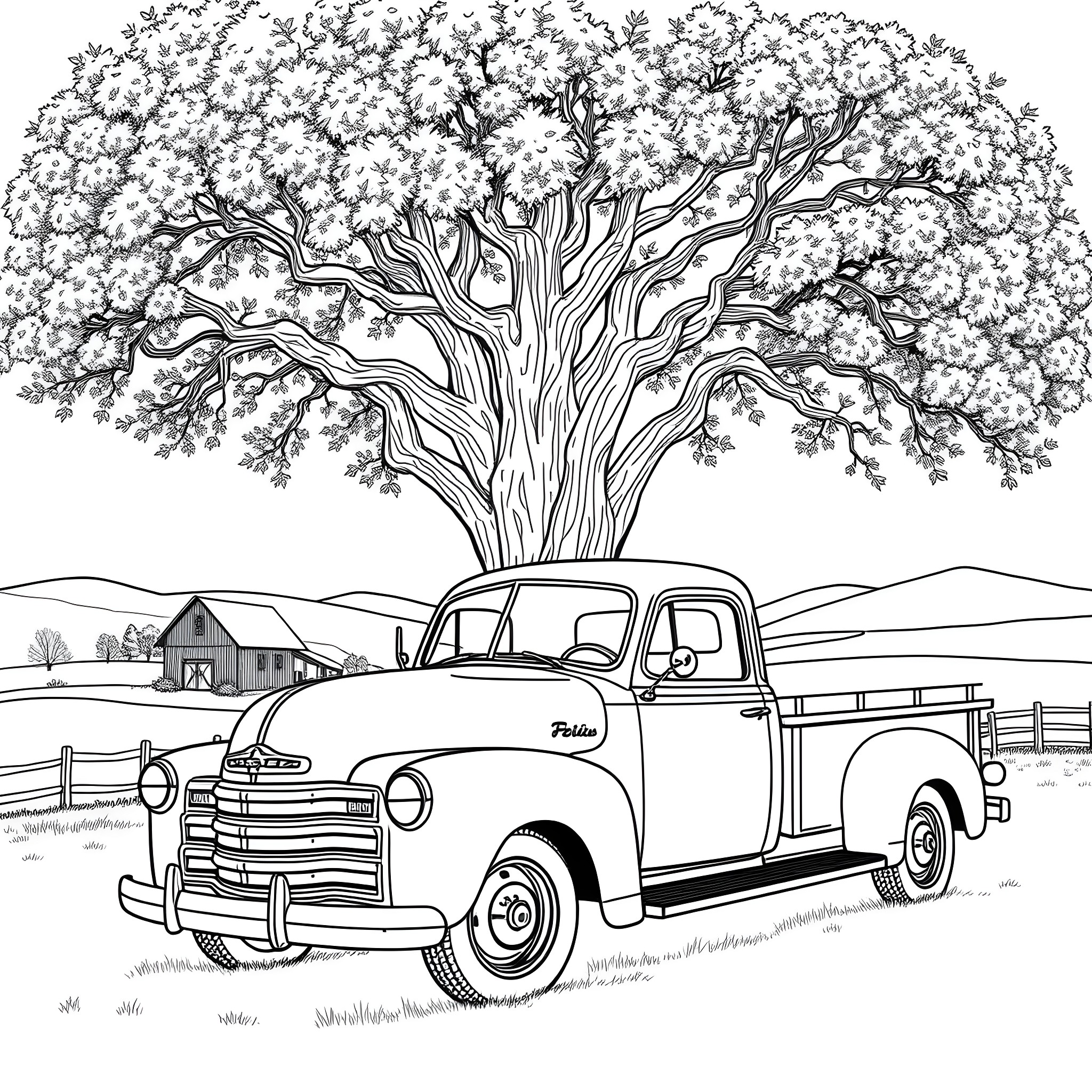Truck under the blossoming tree in the countryside Coloring Page (free black-and-white line drawing printable PDF for all, from beginners to advanced learners, including children, teens, adults, and seniors)
