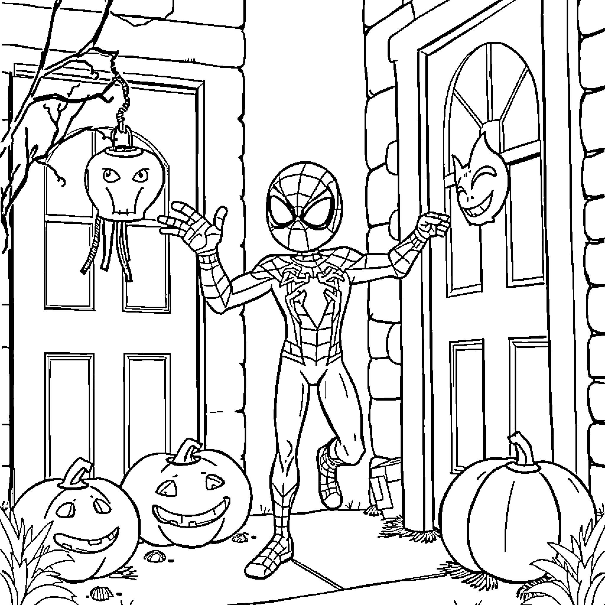 Spiderman in Halloween trick-or-treating scene Coloring Page (free black-and-white line drawing printable PDF for all, from beginners to advanced learners, including children, teens, adults, and seniors)