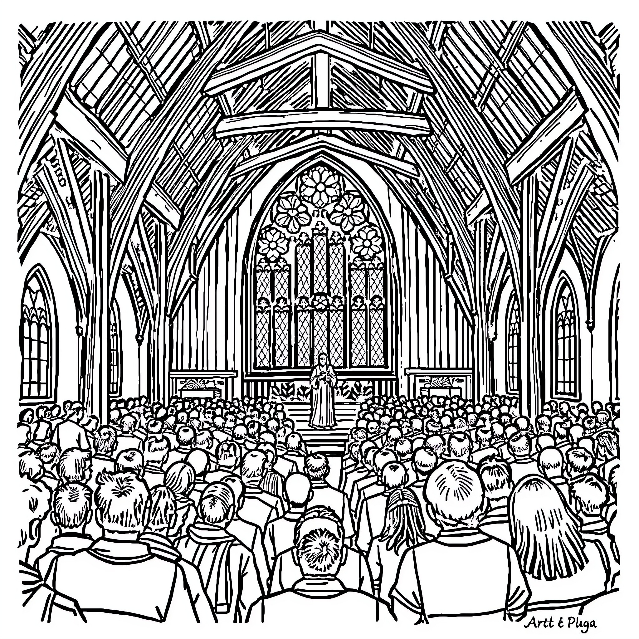 Church filled with people in formal attire Coloring Page (free black-and-white line drawing printable PDF for all, from beginners to advanced learners, including children, teens, adults, and seniors)