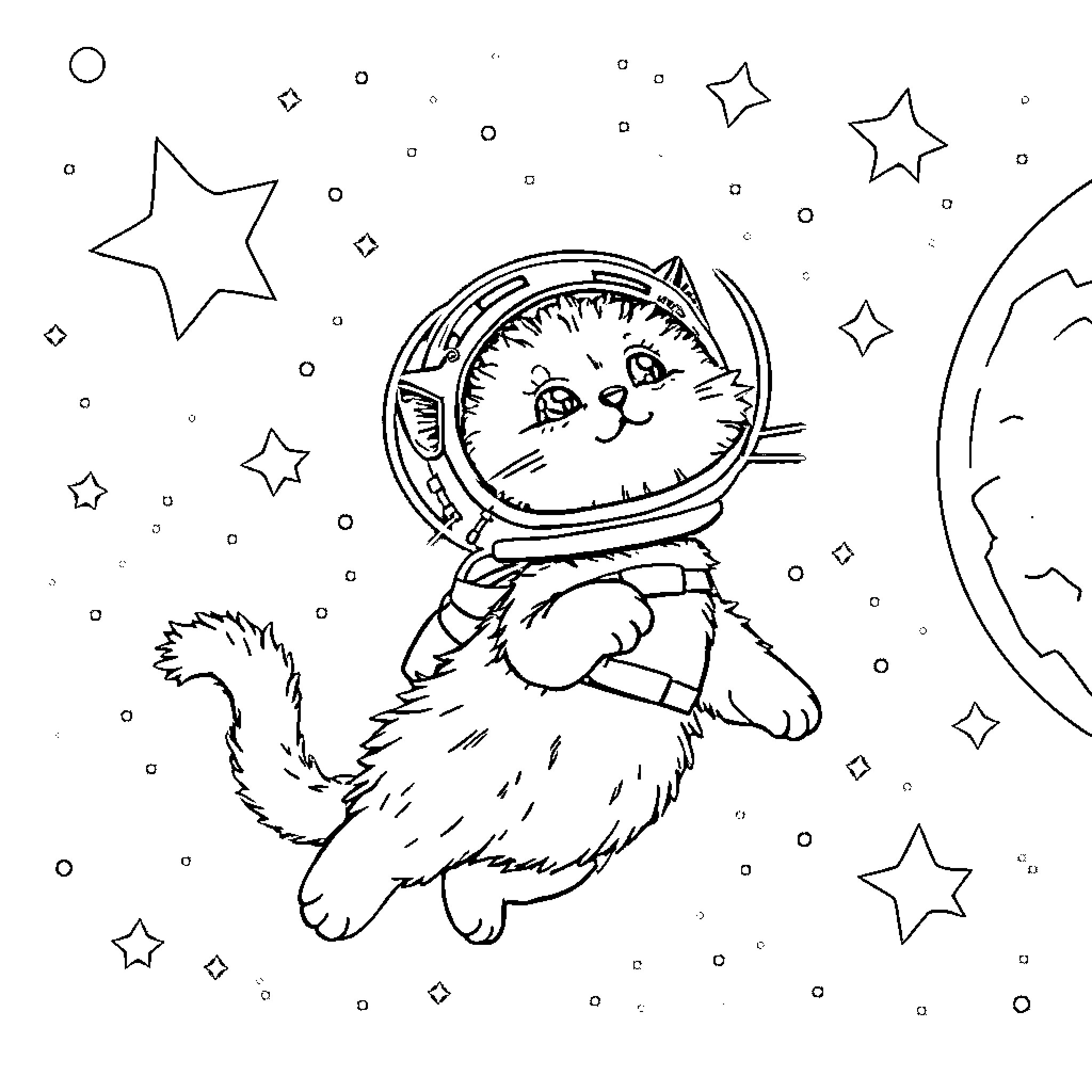 Cat in Spacesuit Floating Among the Stars Coloring Page (free black-and-white line drawing printable PDF for all, from beginners to advanced learners, including children, teens, adults, and seniors)