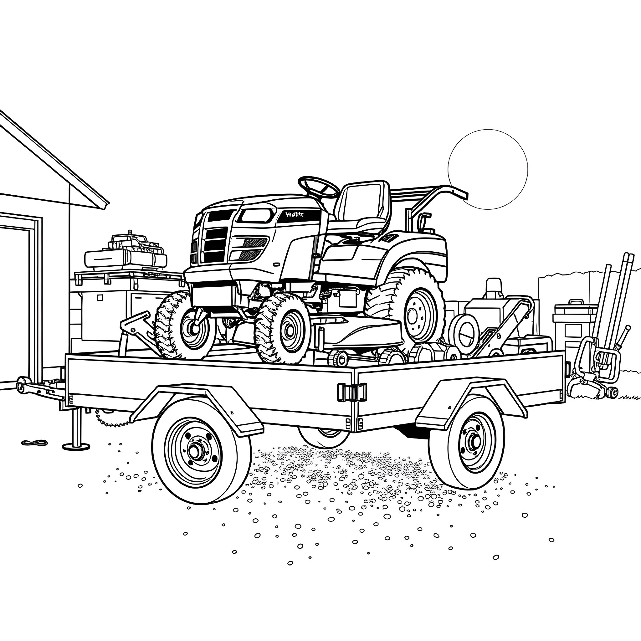Mower loaded on the trailer for transportation Coloring Page (free black-and-white line drawing printable PDF for all, from beginners to advanced learners, including children, teens, adults, and seniors)