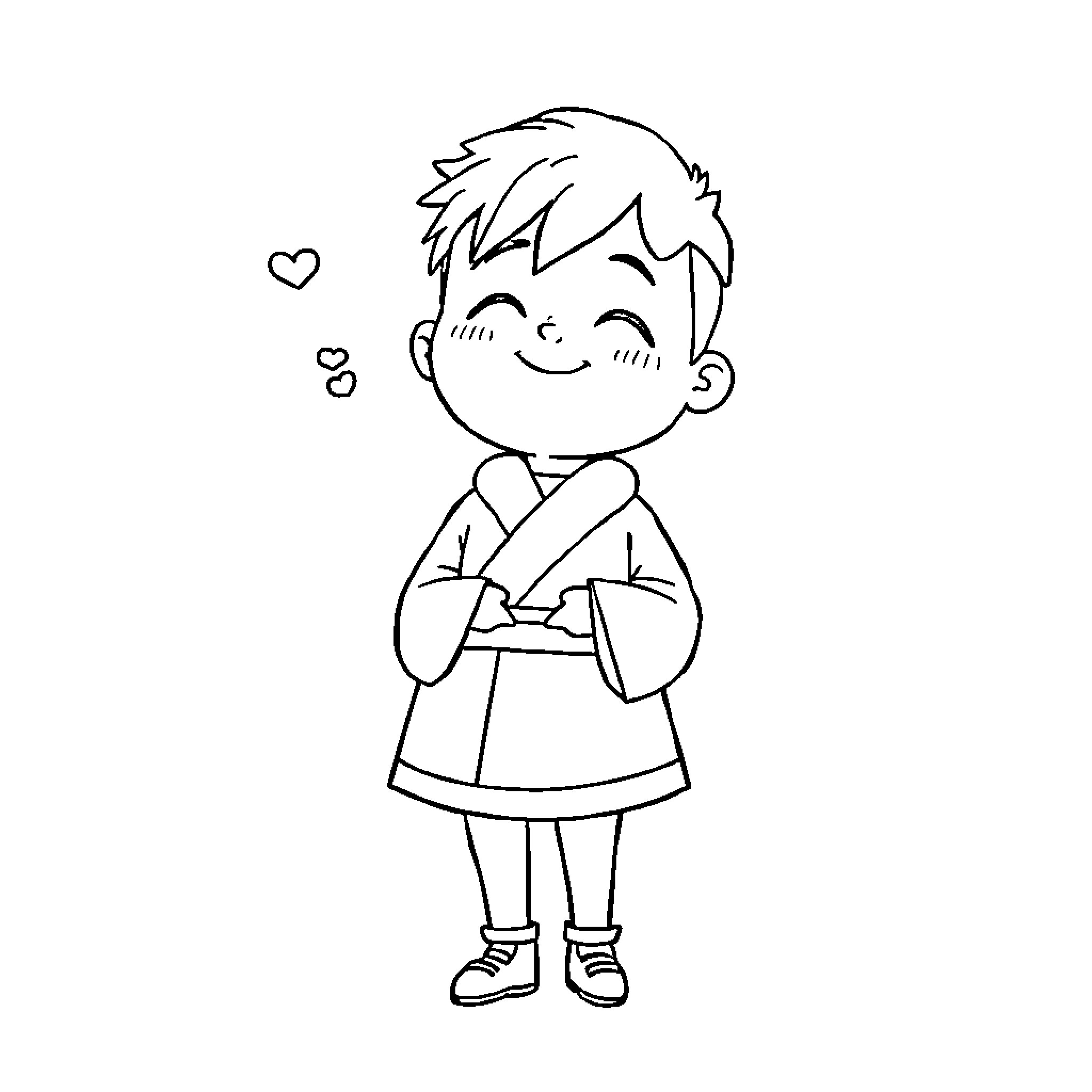 Coreano boy with happy expression Coloring Page (free black-and-white line drawing printable PDF for all, from beginners to advanced learners, including children, teens, adults, and seniors)