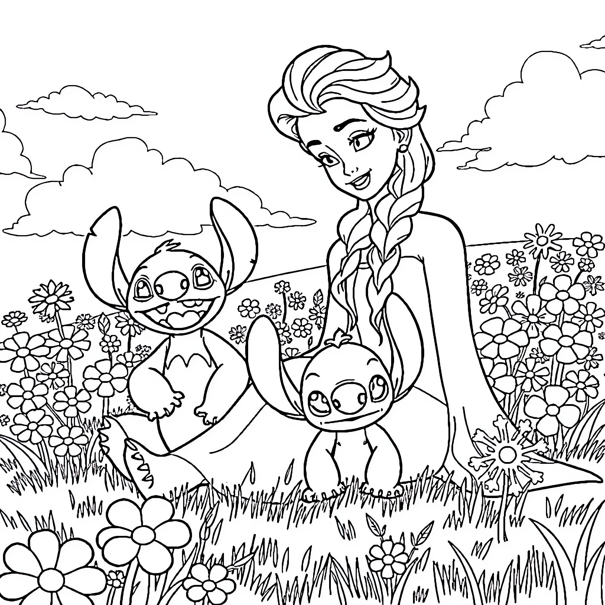 Elsa enjoys a sunny day with Stitch and Scrump Coloring Page (free black-and-white line drawing printable PDF for all, from beginners to advanced learners, including children, teens, adults, and seniors)