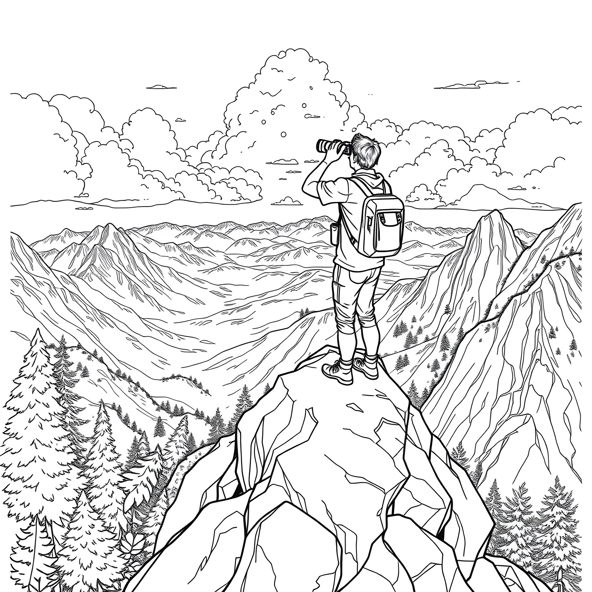 Biologist exploring the majestic mountain landscape Coloring Page (free black-and-white line drawing printable PDF for all, from beginners to advanced learners, including children, teens, adults, and seniors)