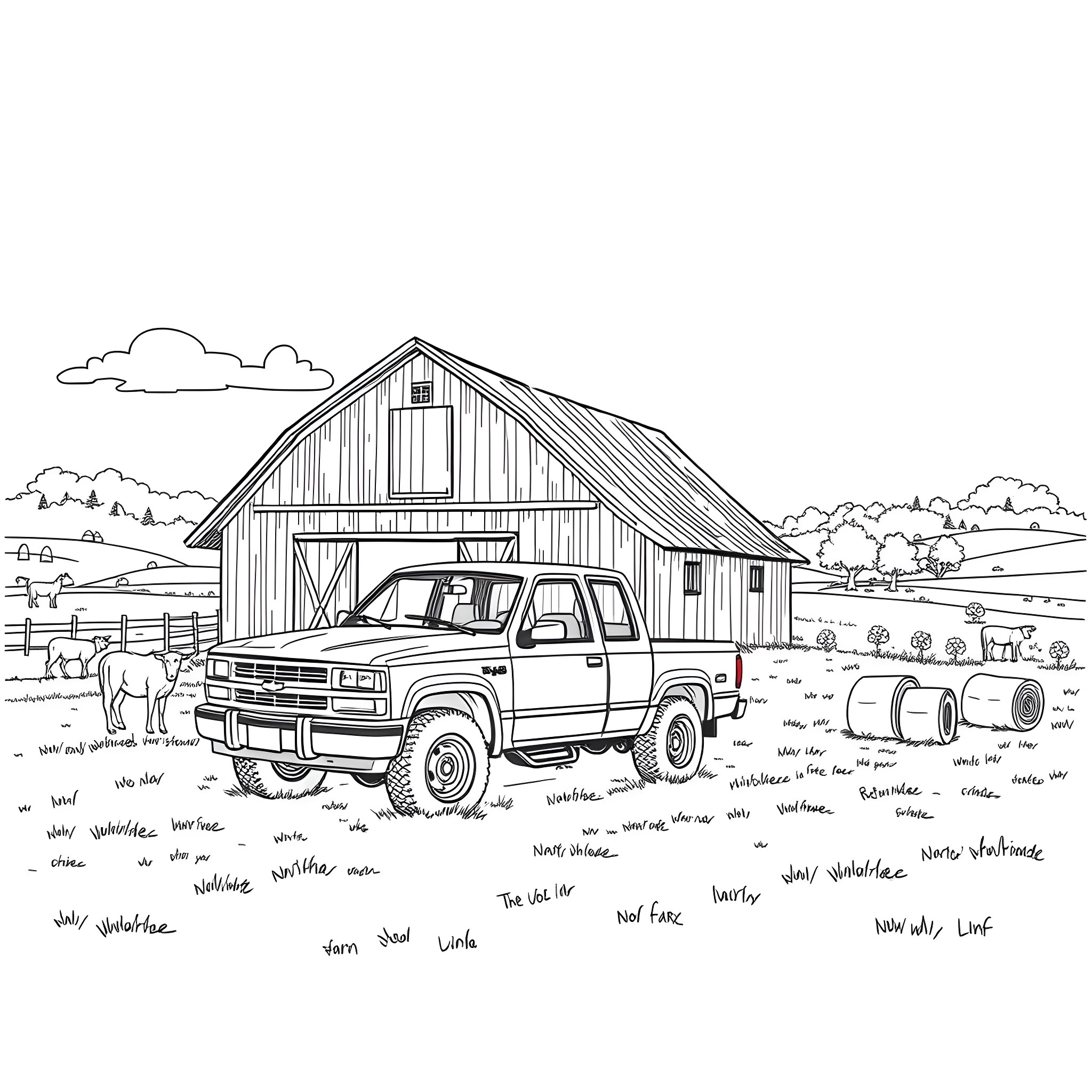 Pickup truck in front of old barn on rural farm Coloring Page (free black-and-white line drawing printable PDF for all, from beginners to advanced learners, including children, teens, adults, and seniors)