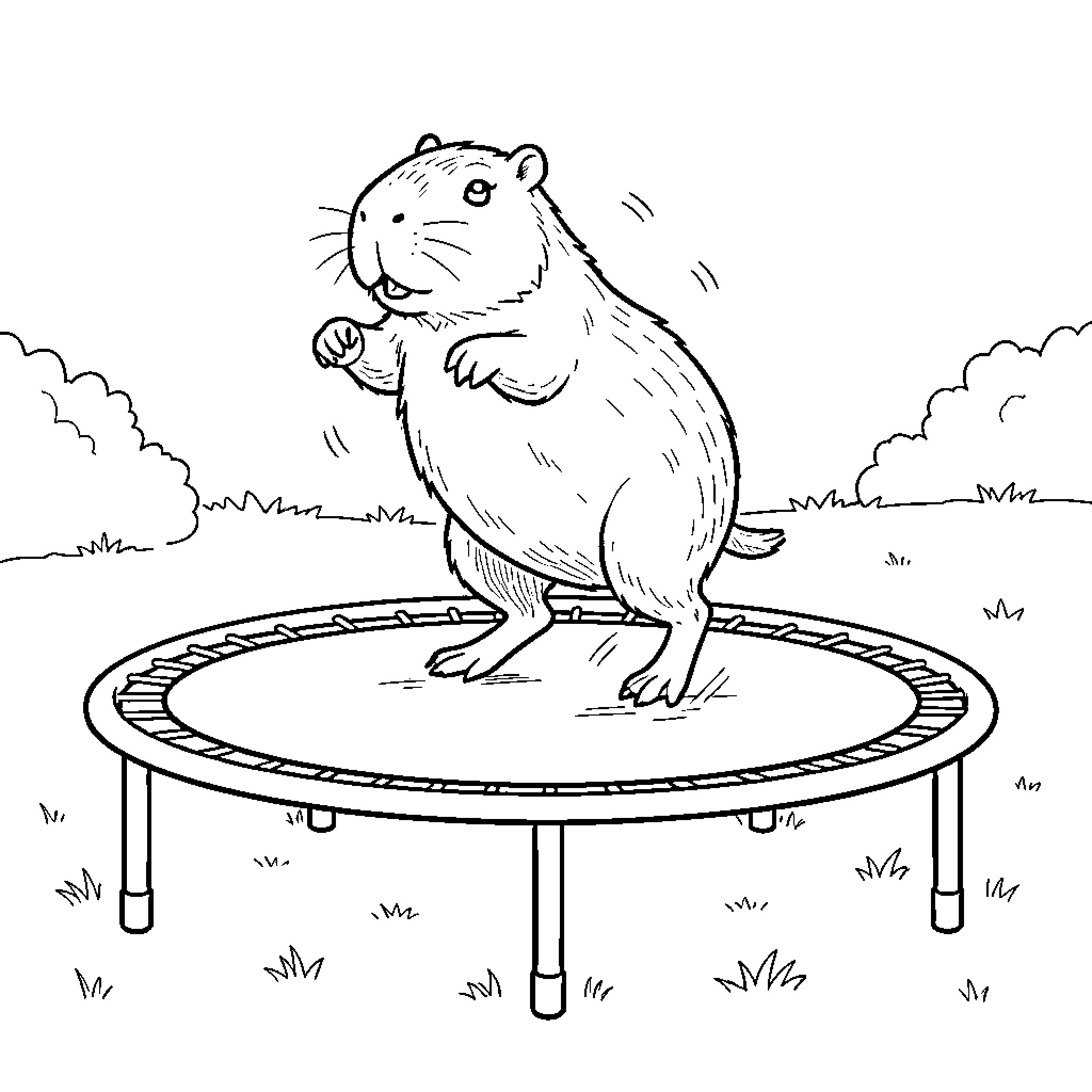 Capybara jumping joyfully on a trampoline Coloring Page (free black-and-white line drawing printable PDF for all, from beginners to advanced learners, including children, teens, adults, and seniors)