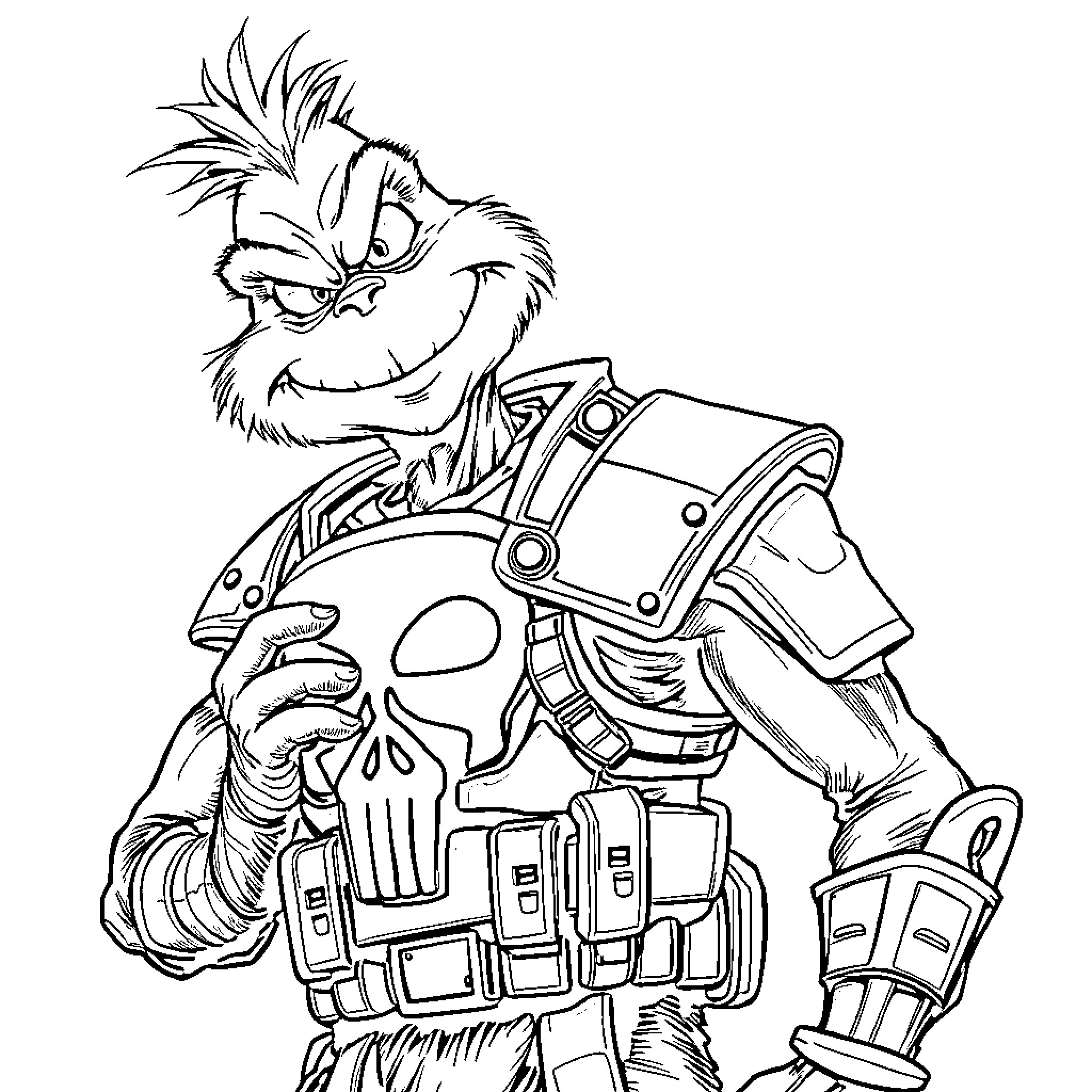 Grinch Donning Tactical Gear and Weaponry Coloring Page (free black-and-white line drawing printable PDF for all, from beginners to advanced learners, including children, teens, adults, and seniors)