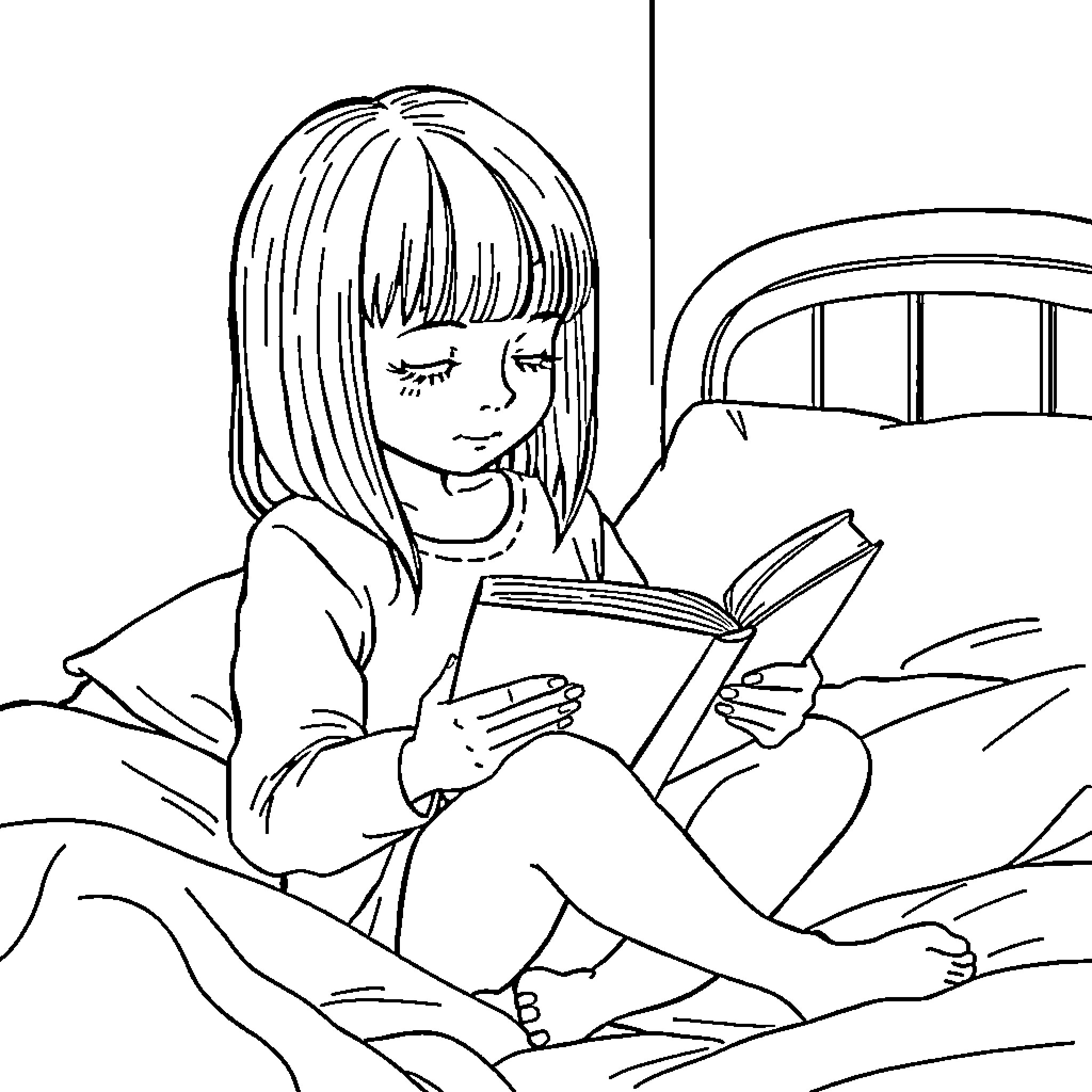 Girl reading a book on her bed Coloring Page (free black-and-white line drawing printable PDF for all, from beginners to advanced learners, including children, teens, adults, and seniors)