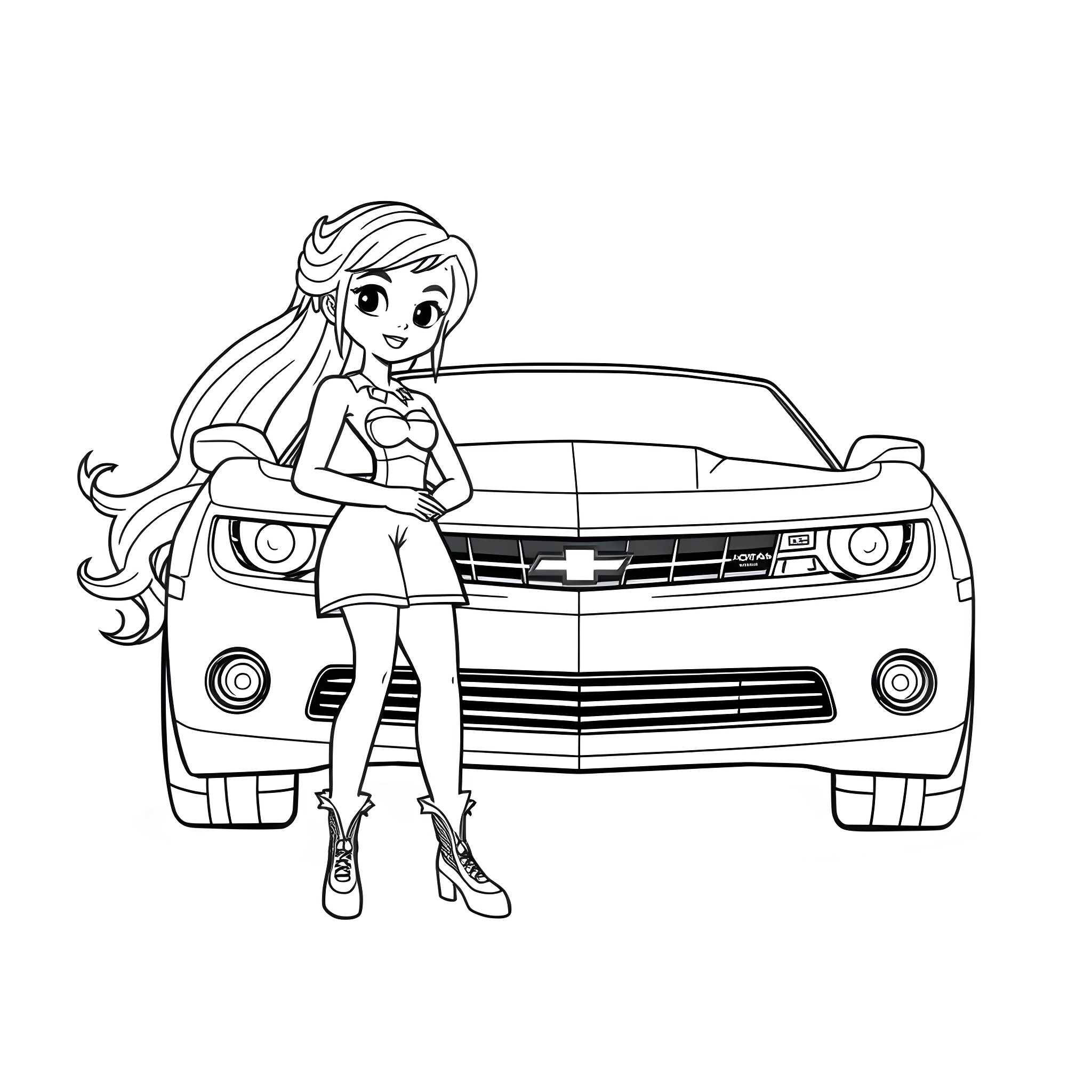 Car with a stylish girl in casual outfit Coloring Page (free black-and-white line drawing printable PDF for all, from beginners to advanced learners, including children, teens, adults, and seniors)