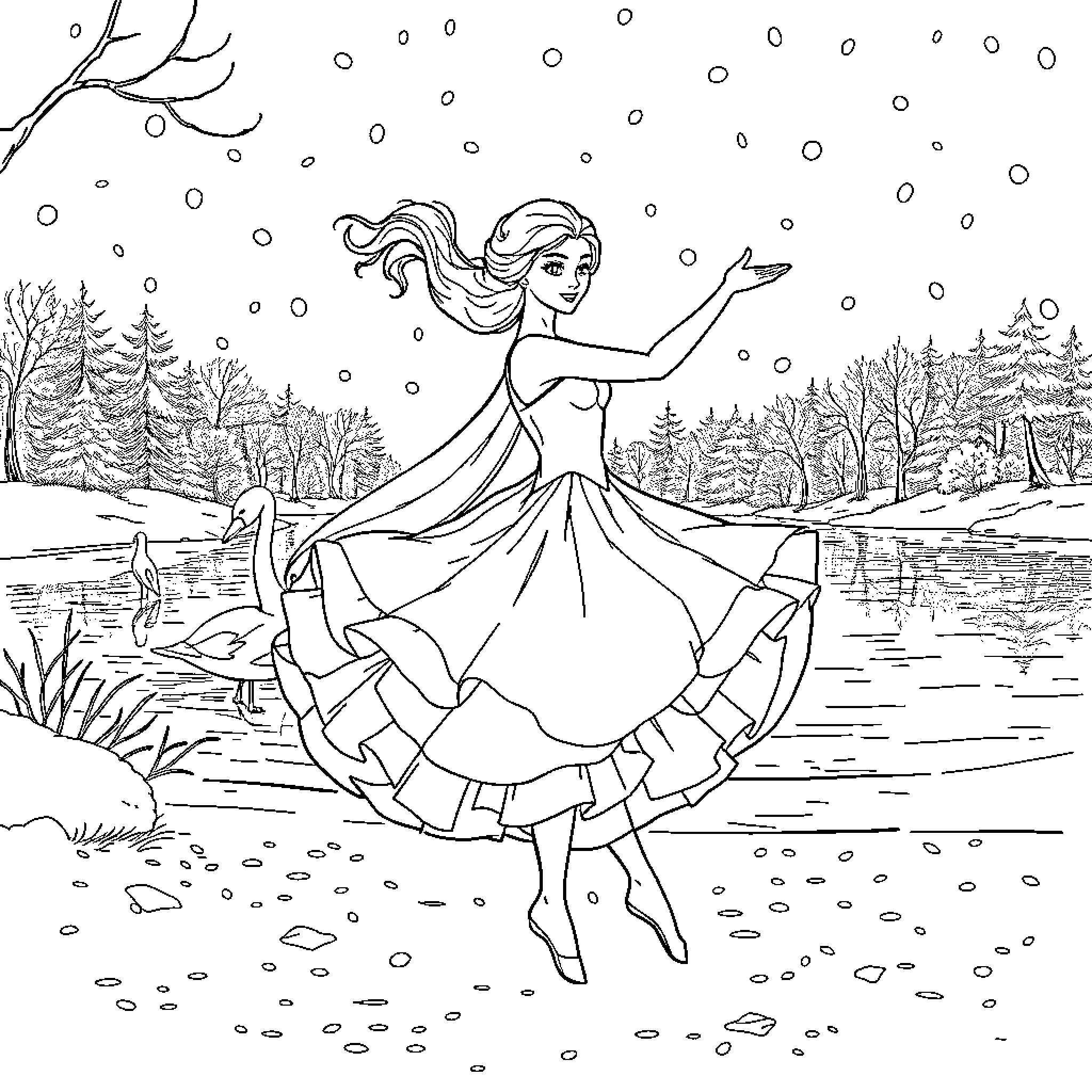 Elsa dancing gracefully in the snowy forest Coloring Page (free black-and-white line drawing printable PDF for all, from beginners to advanced learners, including children, teens, adults, and seniors)