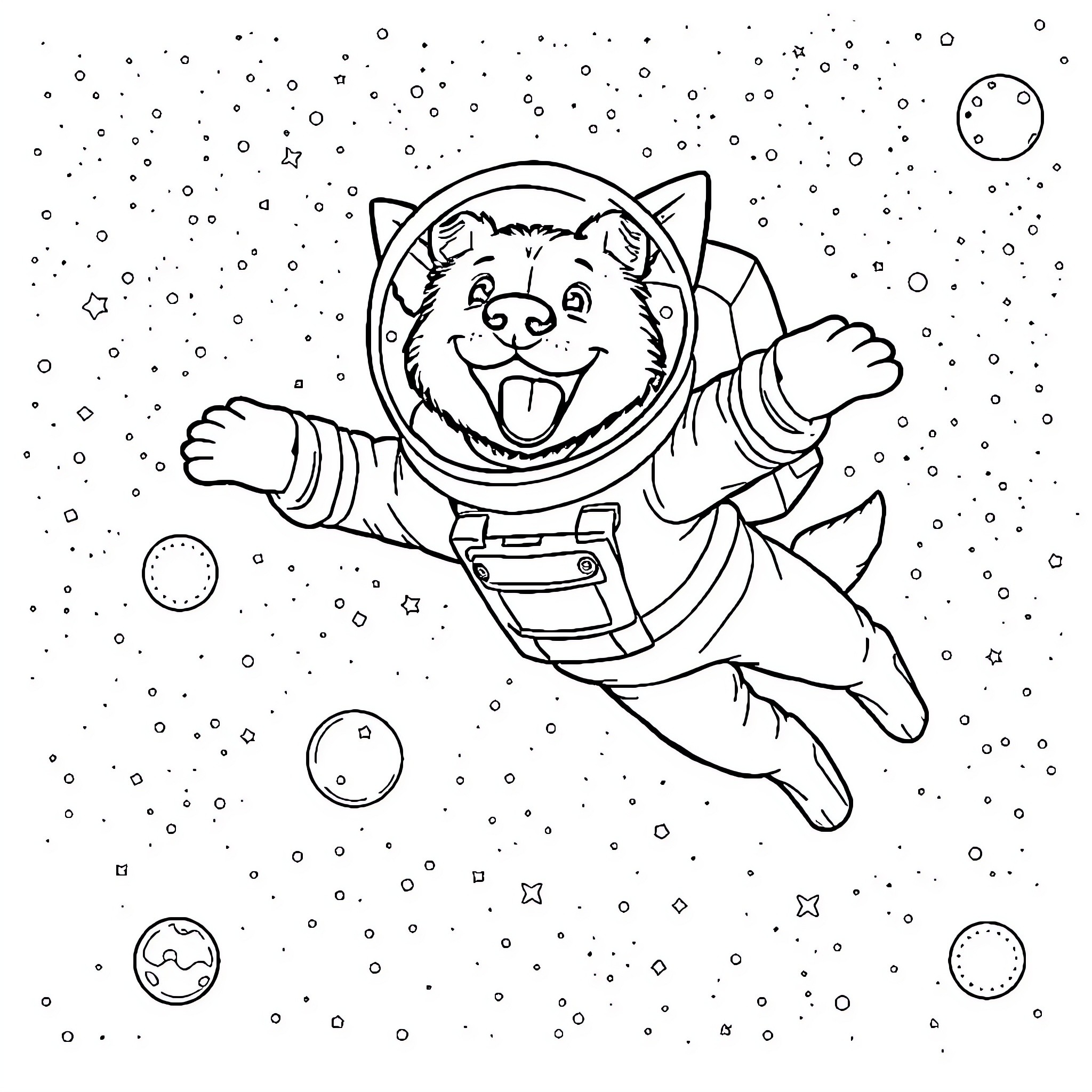 Dog astronaut exploring the starry space Coloring Page (free black-and-white line drawing printable PDF for all, from beginners to advanced learners, including children, teens, adults, and seniors)
