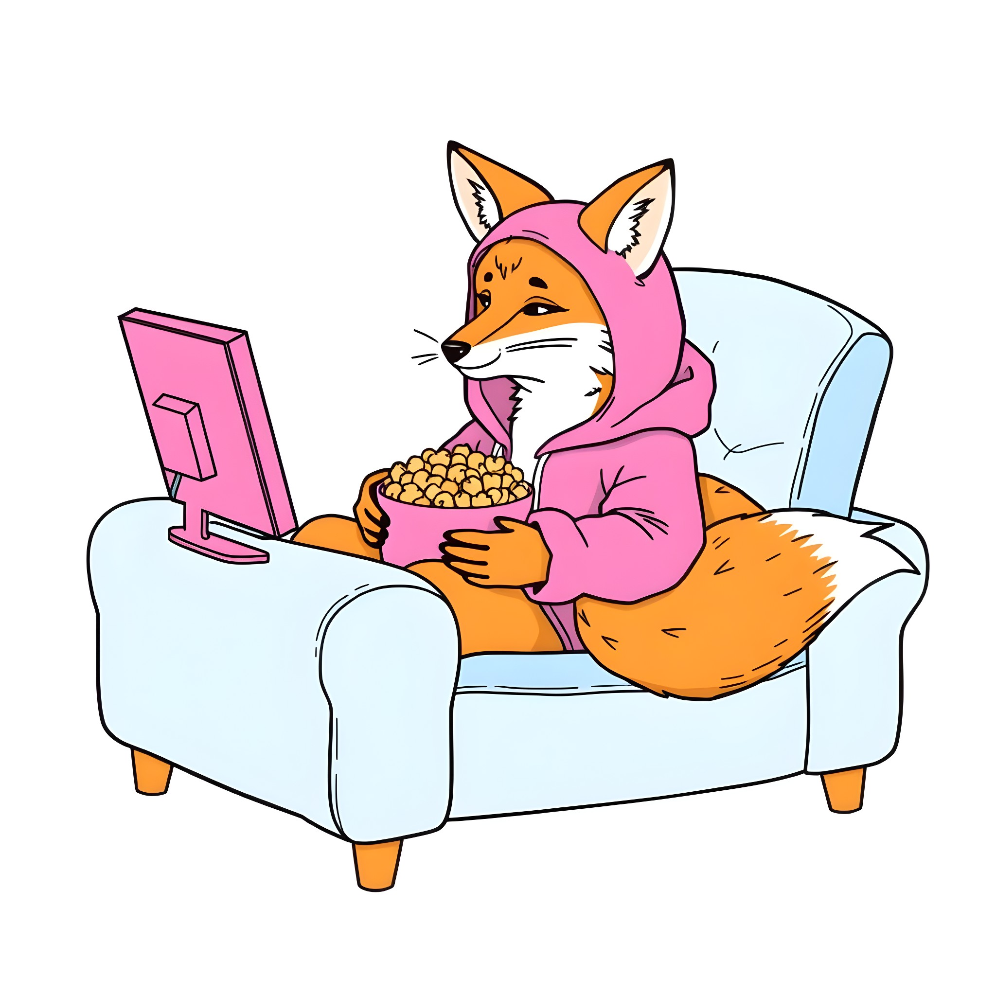 Fox lounging comfortably while watching television Coloring Page (free black-and-white line drawing printable PDF for all, from beginners to advanced learners, including children, teens, adults, and seniors)