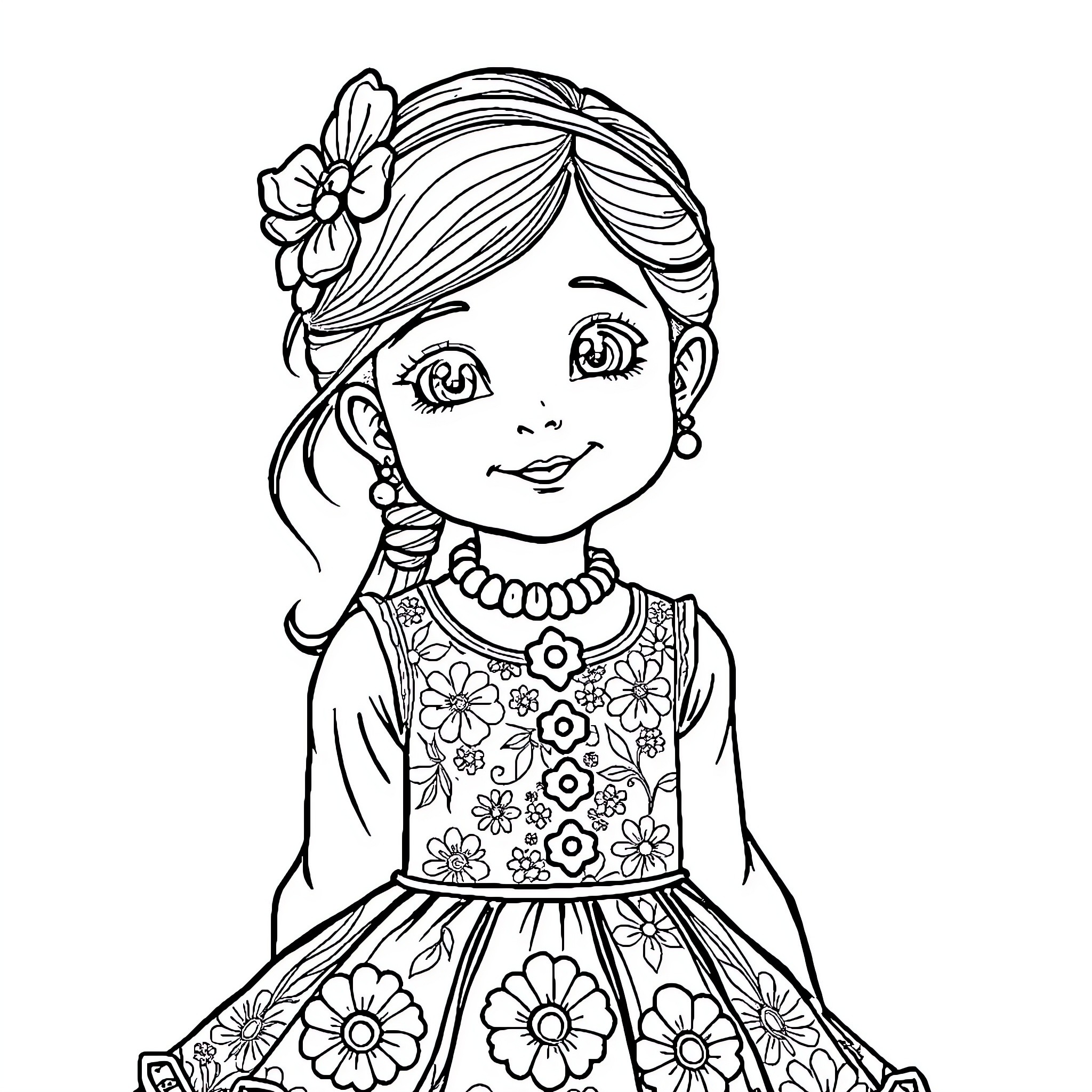 Girl in Floral Dress with Flower Headpiece Coloring Page (free black-and-white line drawing printable PDF for all, from beginners to advanced learners, including children, teens, adults, and seniors)