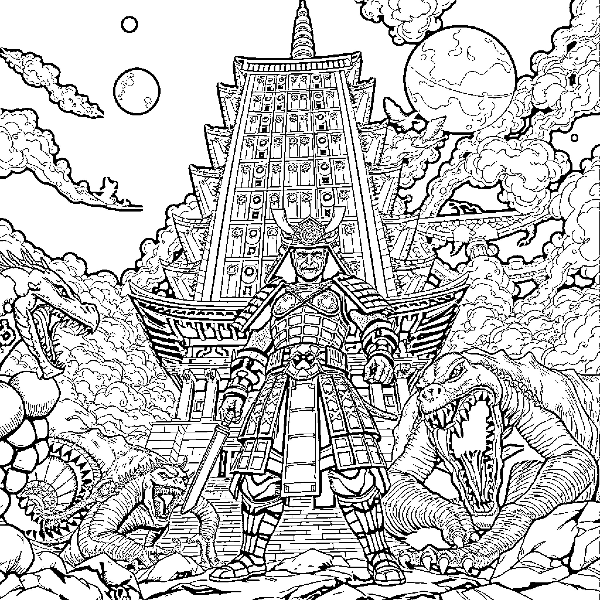Samurai Warrior Defending Mystical Castle Coloring Page (free black-and-white line drawing printable PDF for all, from beginners to advanced learners, including children, teens, adults, and seniors)