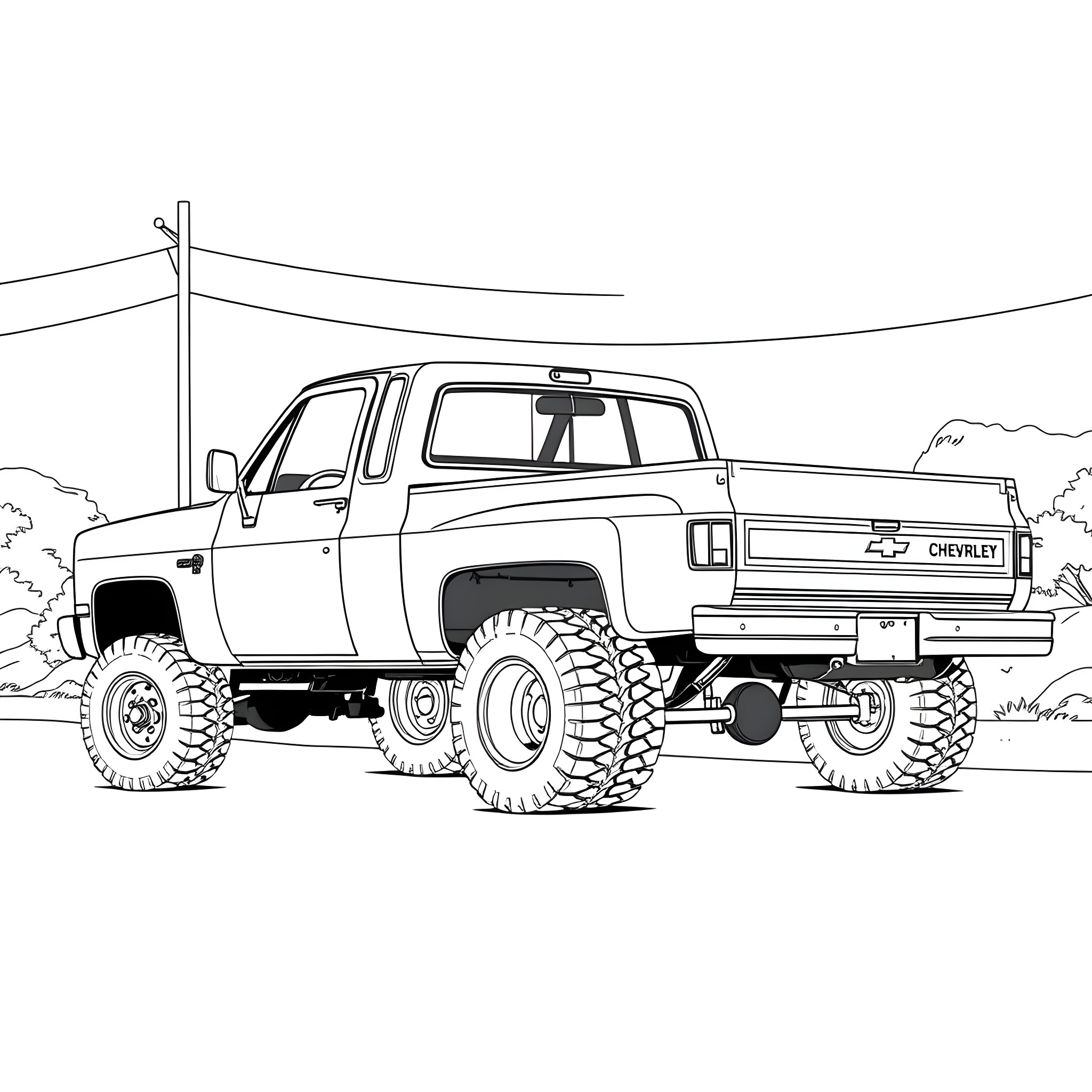 Chevy Truck Traversing Rugged Terrain Coloring Page (free black-and-white line drawing printable PDF for all, from beginners to advanced learners, including children, teens, adults, and seniors)