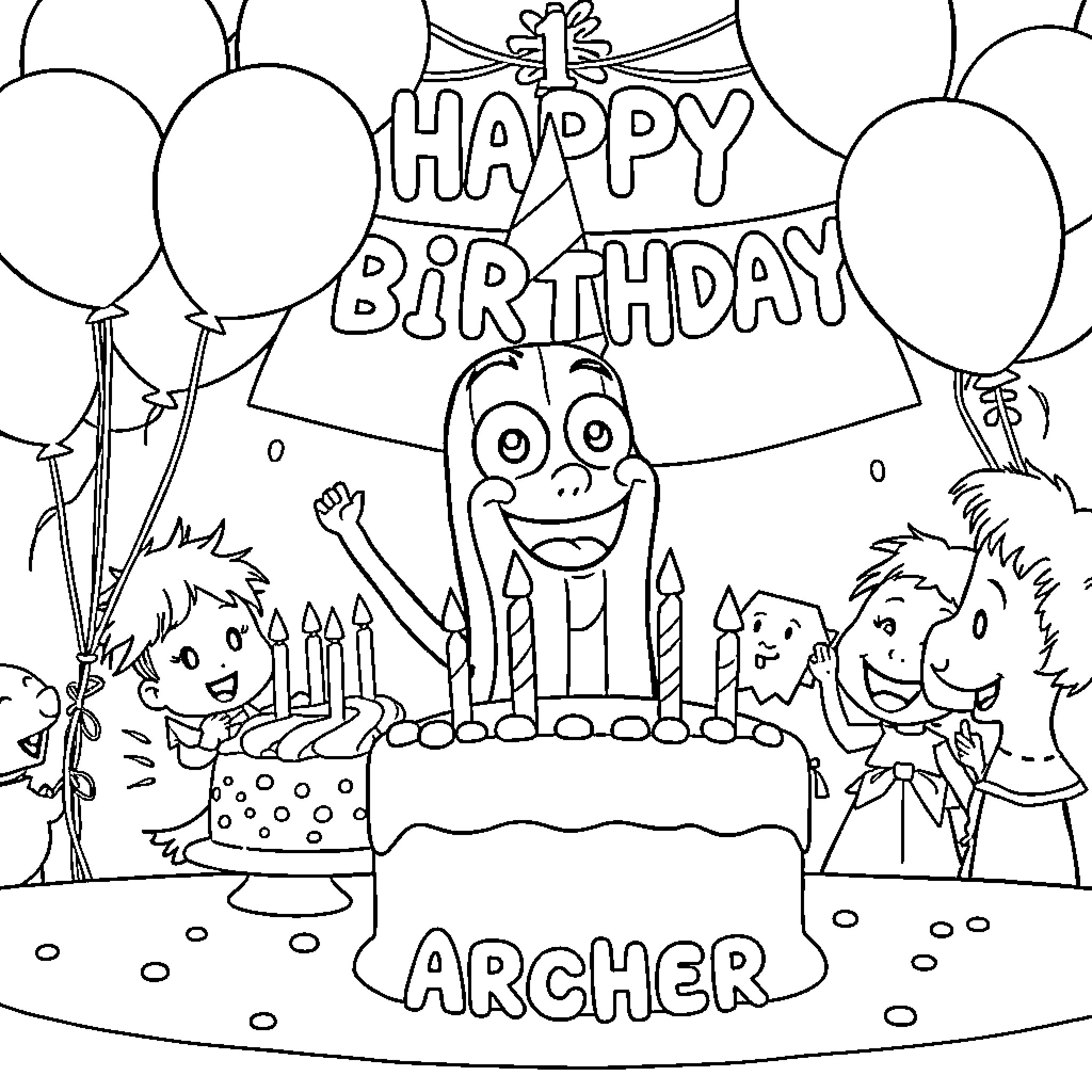 Pickle's Festive Birthday Celebration Coloring Page (free black-and-white line drawing printable PDF for all, from beginners to advanced learners, including children, teens, adults, and seniors)