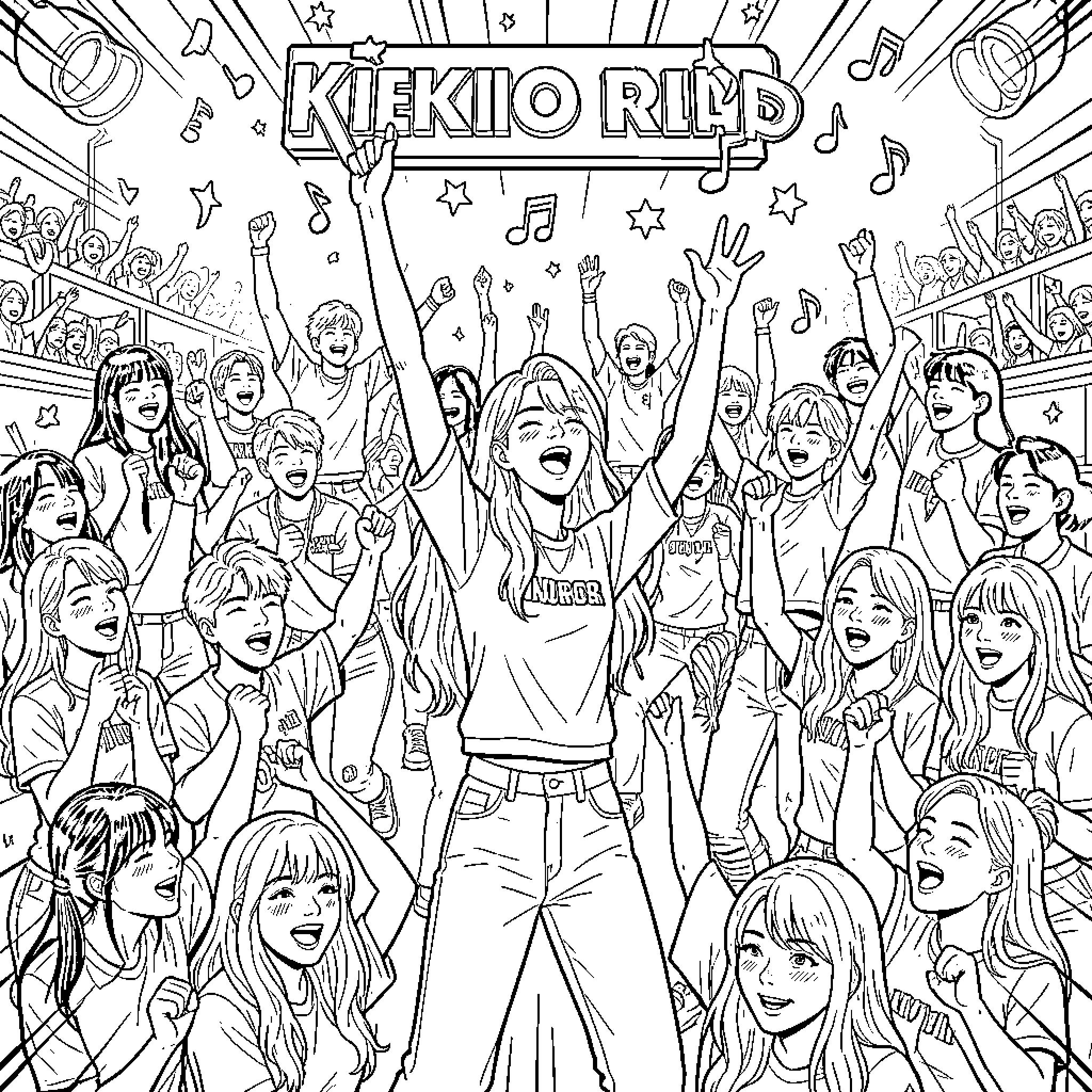 K Pop idols performing energetically on a concert stage Coloring Page (free black-and-white line drawing printable PDF for all, from beginners to advanced learners, including children, teens, adults, and seniors)
