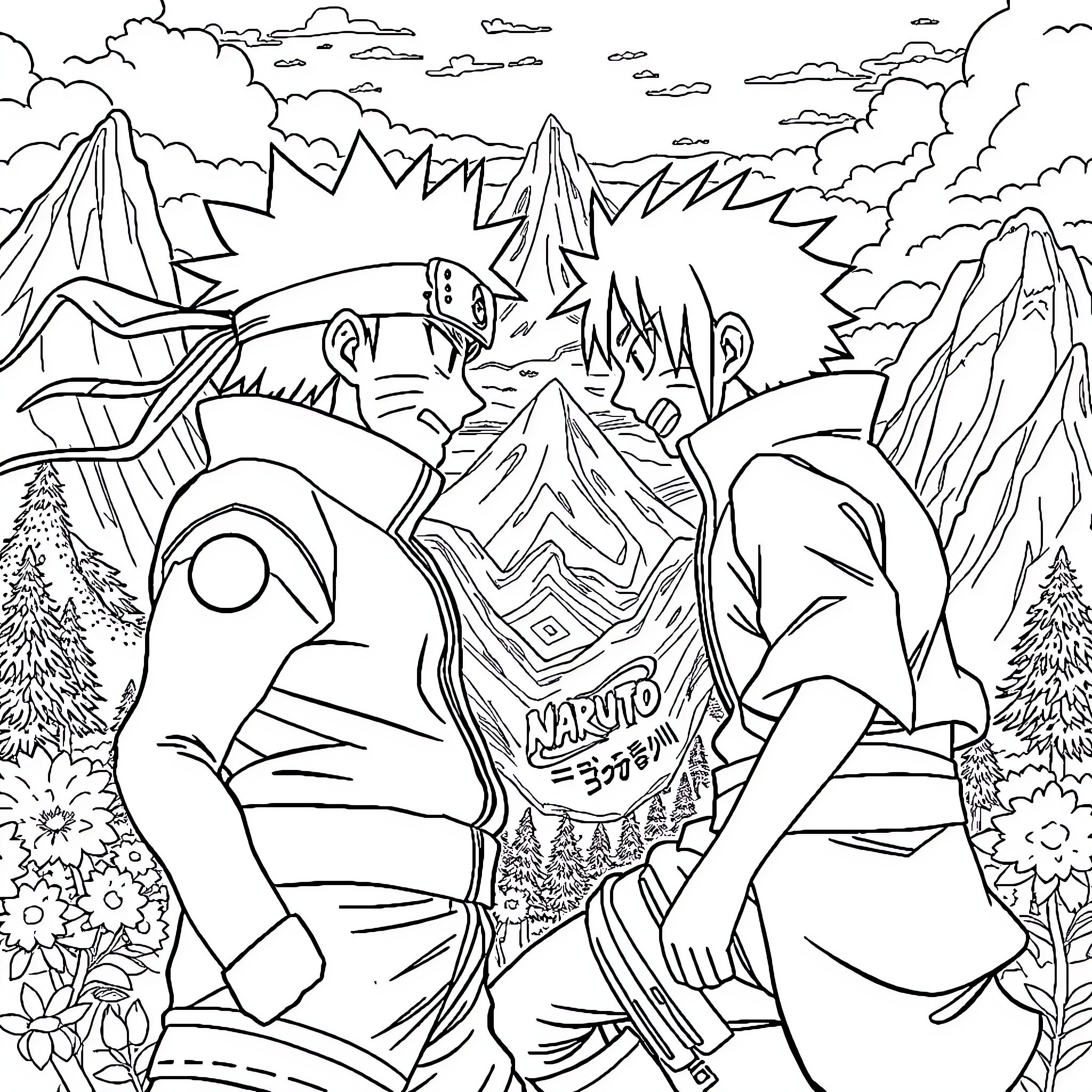 Naruto's Adventure in the Enchanted Landscape Coloring Page (free black-and-white line drawing printable PDF for all, from beginners to advanced learners, including children, teens, adults, and seniors)