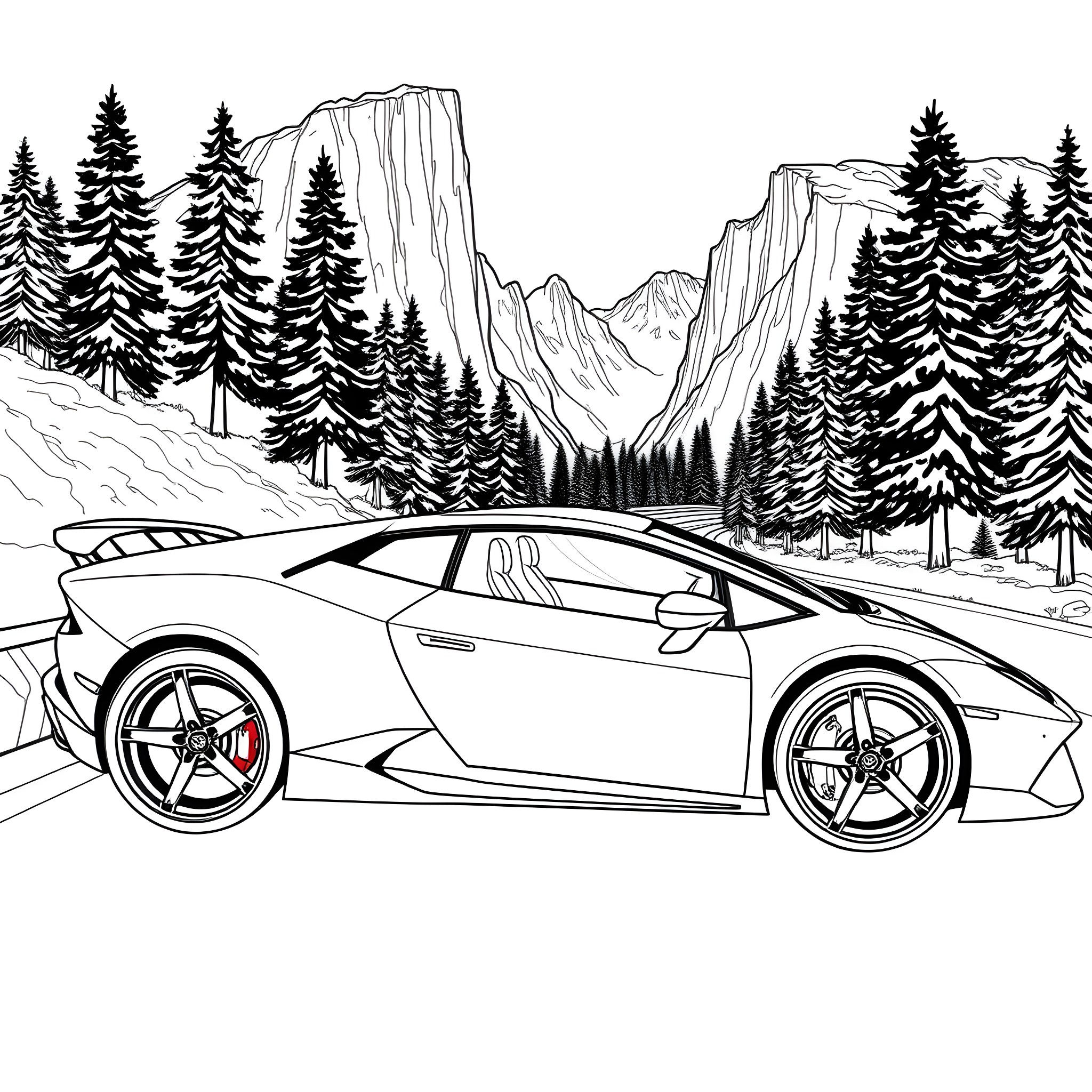 Lamborghini sports car in snowy mountain landscape Coloring Page (free black-and-white line drawing printable PDF for all, from beginners to advanced learners, including children, teens, adults, and seniors)
