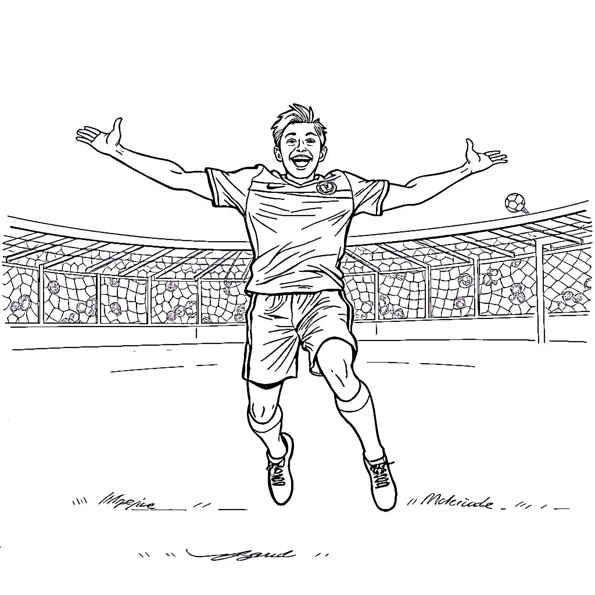 Soccer Player Celebrating Victory on the Field Coloring Page (free black-and-white line drawing printable PDF for all, from beginners to advanced learners, including children, teens, adults, and seniors)