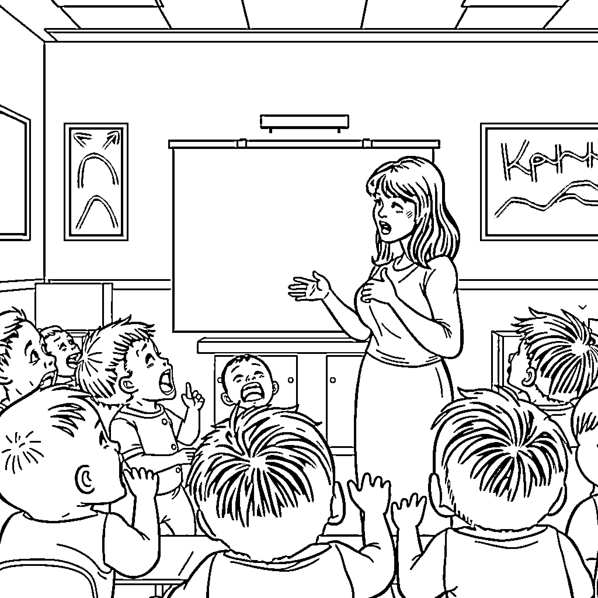 Teacher Instructing Students in Classroom Coloring Page (free black-and-white line drawing printable PDF for all, from beginners to advanced learners, including children, teens, adults, and seniors)