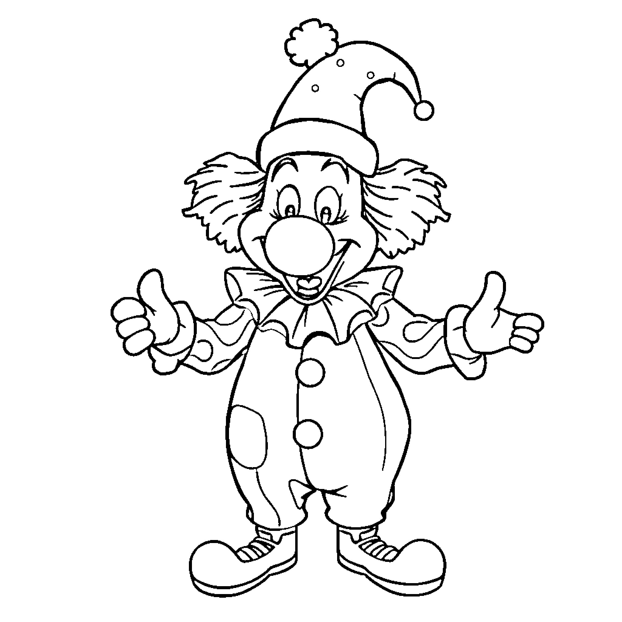 Plim Plim Cheerful Clown Expressing Delight Coloring Page (free black-and-white line drawing printable PDF for all, from beginners to advanced learners, including children, teens, adults, and seniors)
