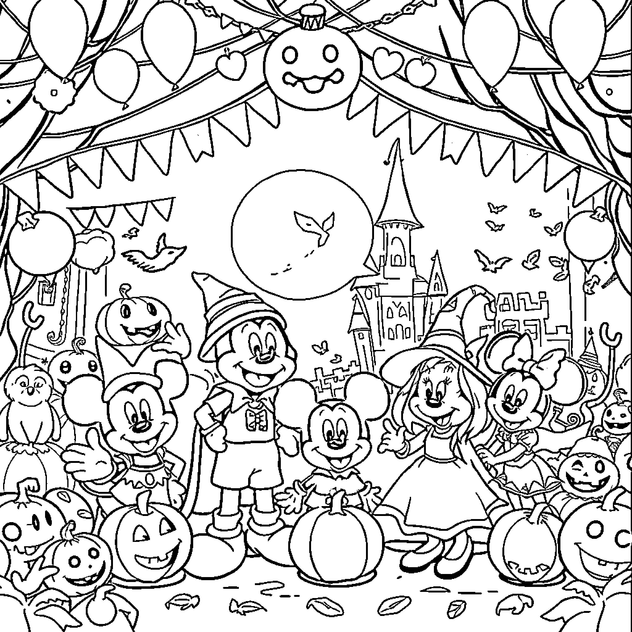 Disney characters celebrating Halloween with festive decorations Coloring Page (free black-and-white line drawing printable PDF for all, from beginners to advanced learners, including children, teens, adults, and seniors)