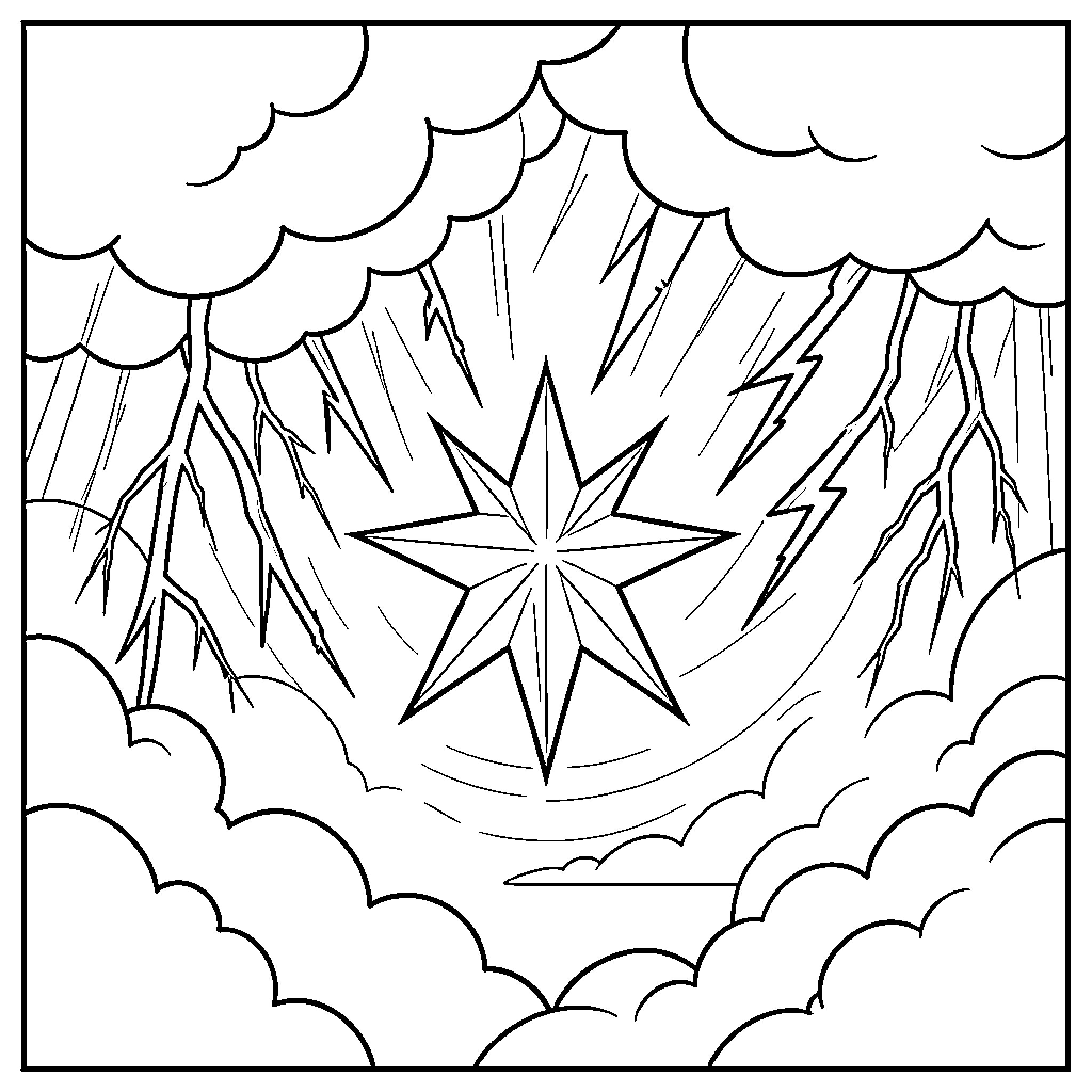 Star and Moon elements with lightning amidst the clouds Coloring Page (free black-and-white line drawing printable PDF for all, from beginners to advanced learners, including children, teens, adults, and seniors)