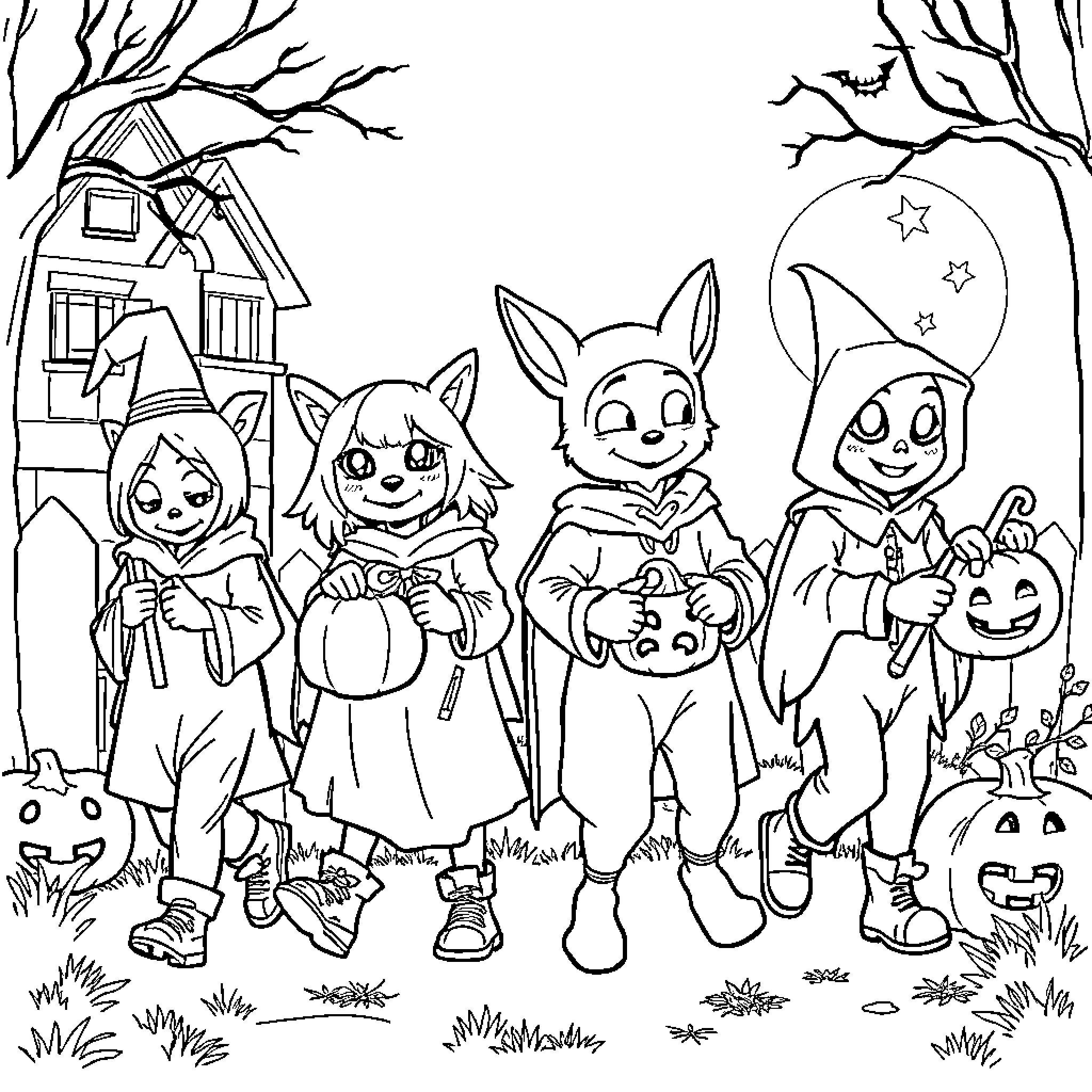 HunterX Characters in Halloween Costumes Coloring Page (free black-and-white line drawing printable PDF for all, from beginners to advanced learners, including children, teens, adults, and seniors)