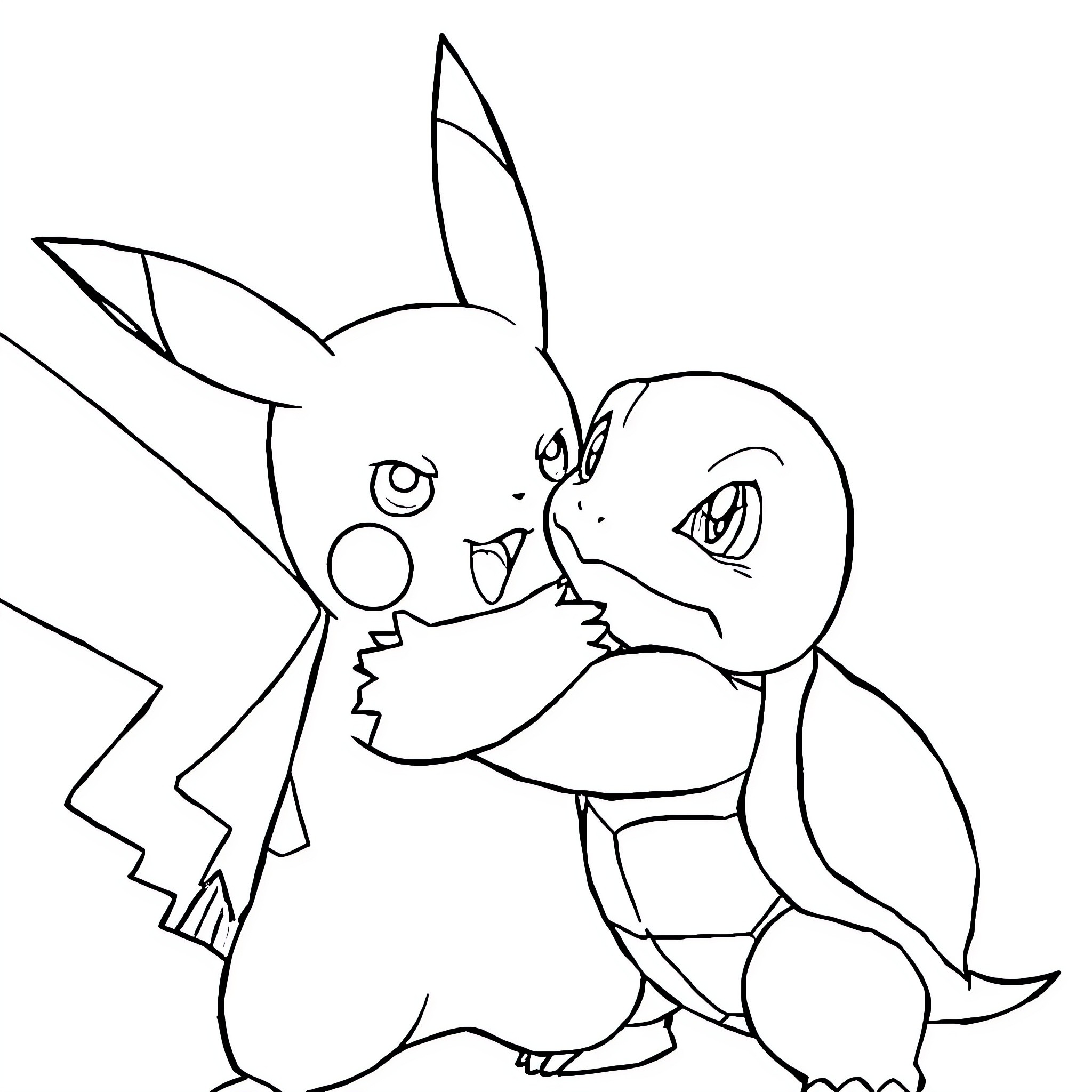 Pikachu and Squirtle engaged in a playful confrontation Coloring Page (free black-and-white line drawing printable PDF for all, from beginners to advanced learners, including children, teens, adults, and seniors)