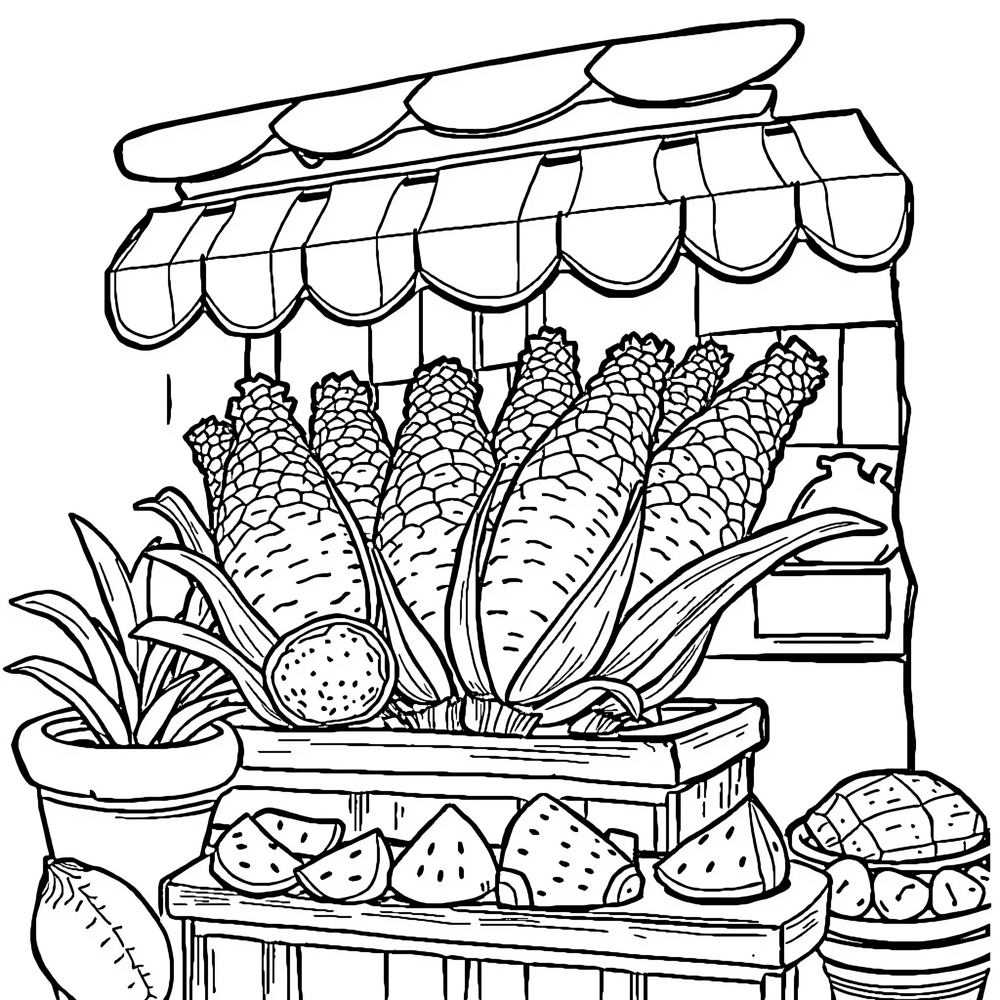 Elote stand with fresh produce and baked goods Coloring Page (free black-and-white line drawing printable PDF for all, from beginners to advanced learners, including children, teens, adults, and seniors)