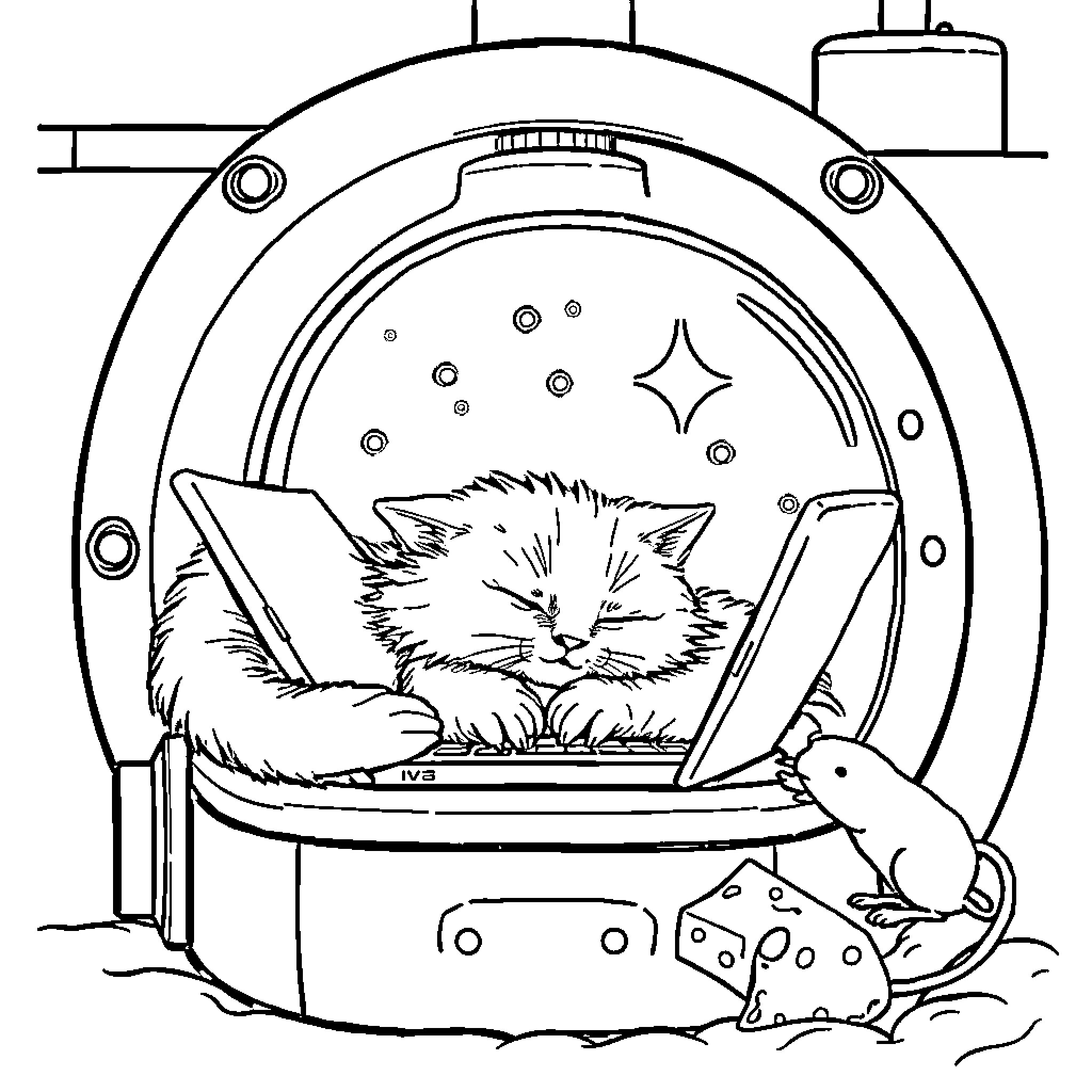 Cat relaxing peacefully in a futuristic habitat Coloring Page (free black-and-white line drawing printable PDF for all, from beginners to advanced learners, including children, teens, adults, and seniors)