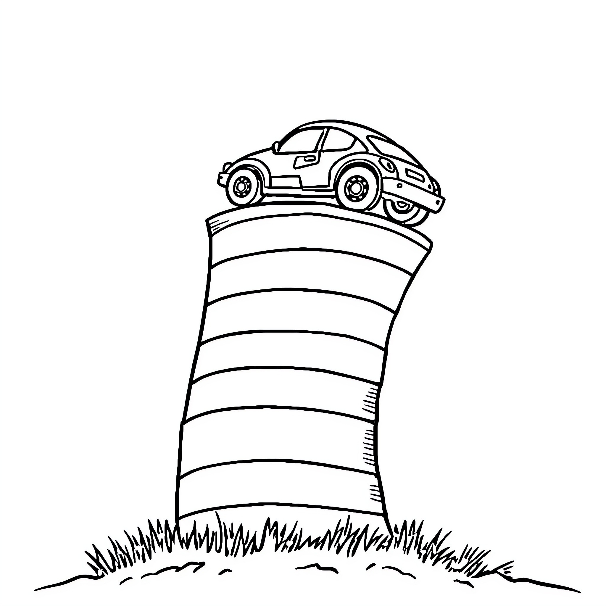 Car on Striped Cylinder in Grassy Field Coloring Page (free black-and-white line drawing printable PDF for all, from beginners to advanced learners, including children, teens, adults, and seniors)