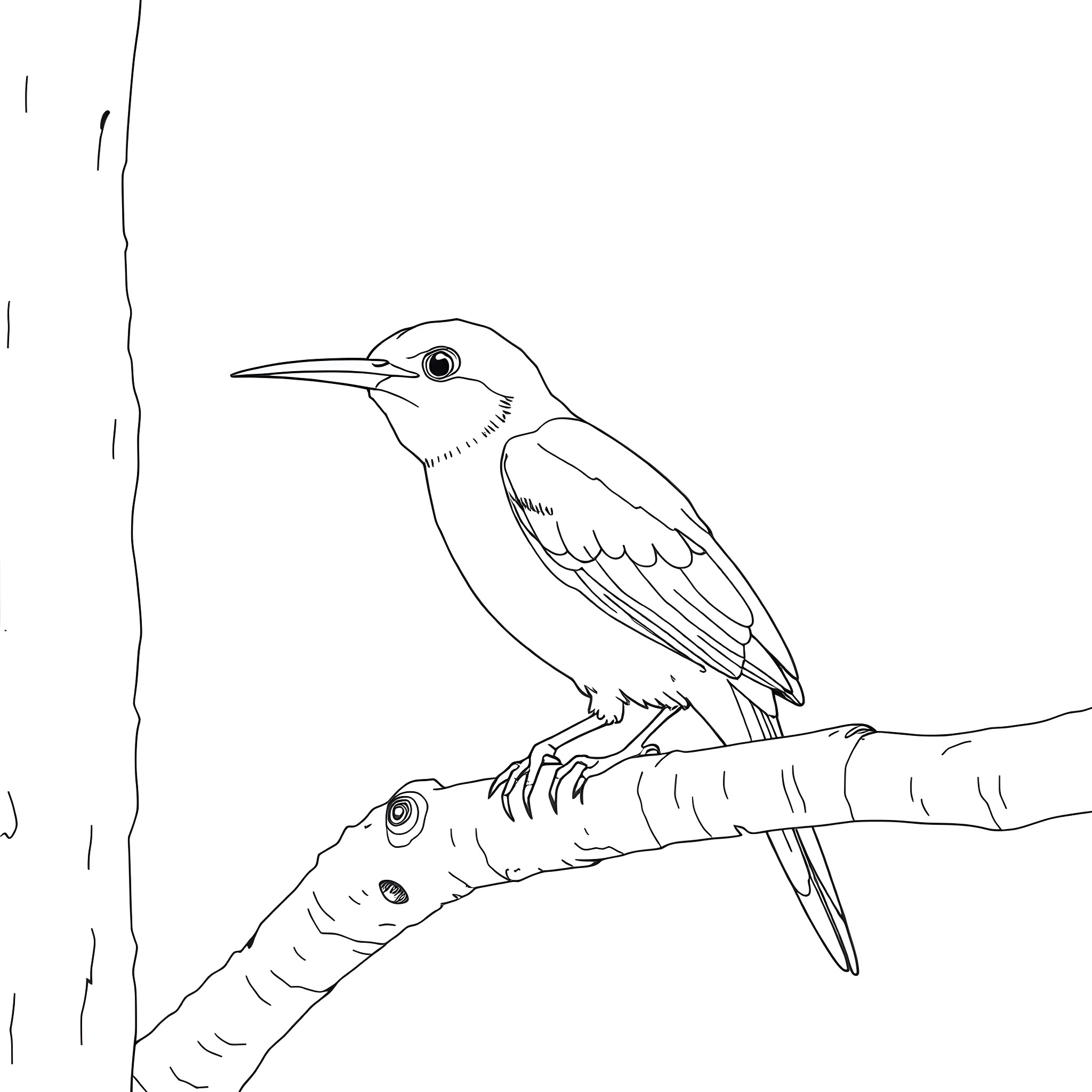 Calyptomena bird perched on a branch Coloring Page (free black-and-white line drawing printable PDF for all, from beginners to advanced learners, including children, teens, adults, and seniors)