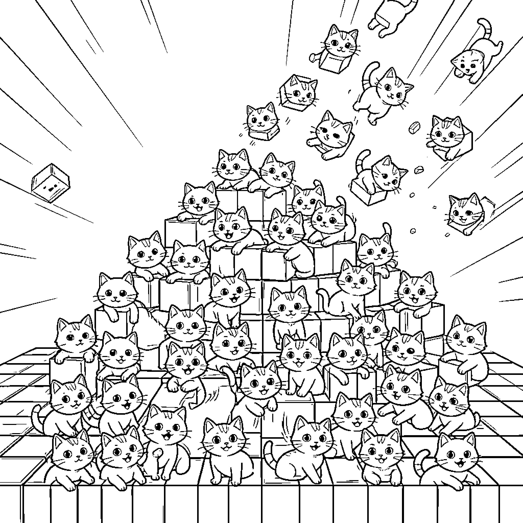 Cat Crowd Gathering in Whimsical Setting Coloring Page (free black-and-white line drawing printable PDF for all, from beginners to advanced learners, including children, teens, adults, and seniors)