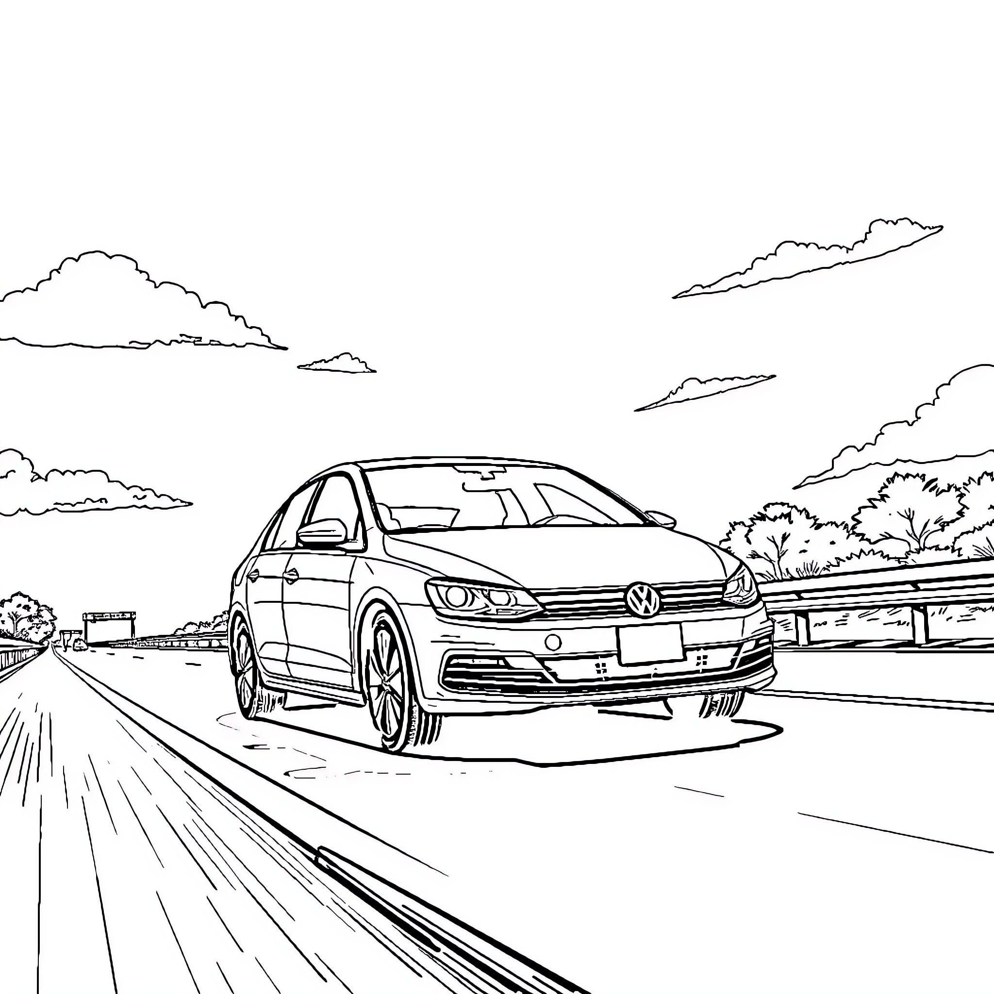 VW Jetta driving on the highway Coloring Page (free black-and-white line drawing printable PDF for all, from beginners to advanced learners, including children, teens, adults, and seniors)